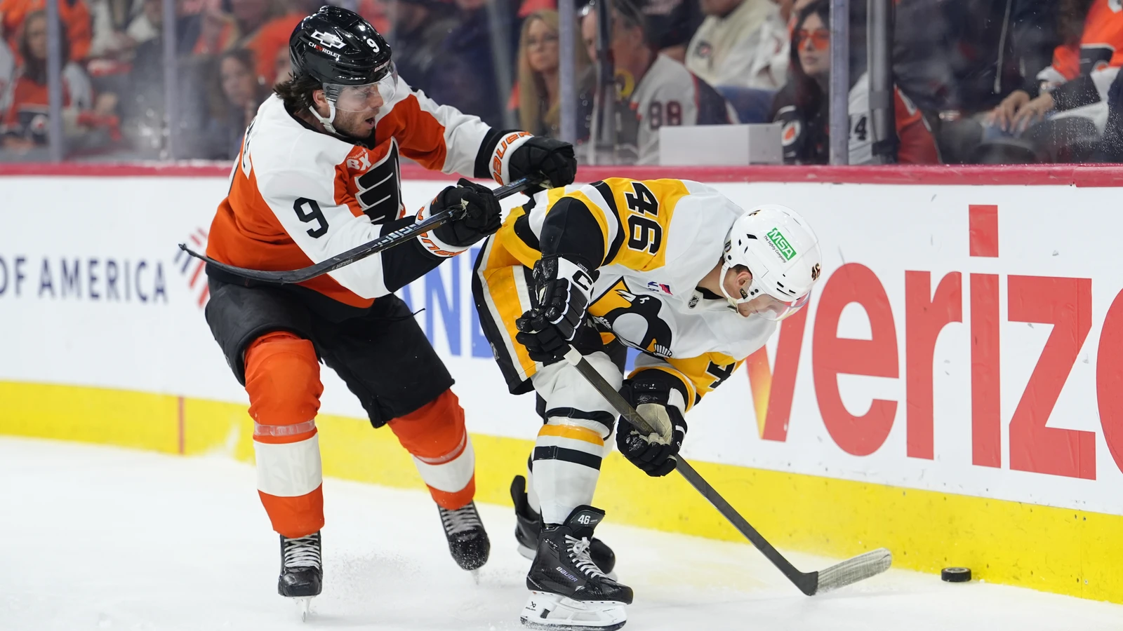File photo: Pittsburgh Penguins centre Blake Lizotte is checked by Philadelphia Flyers defenceman Jamie Drysdale during an April 29, 2026 playoff game.