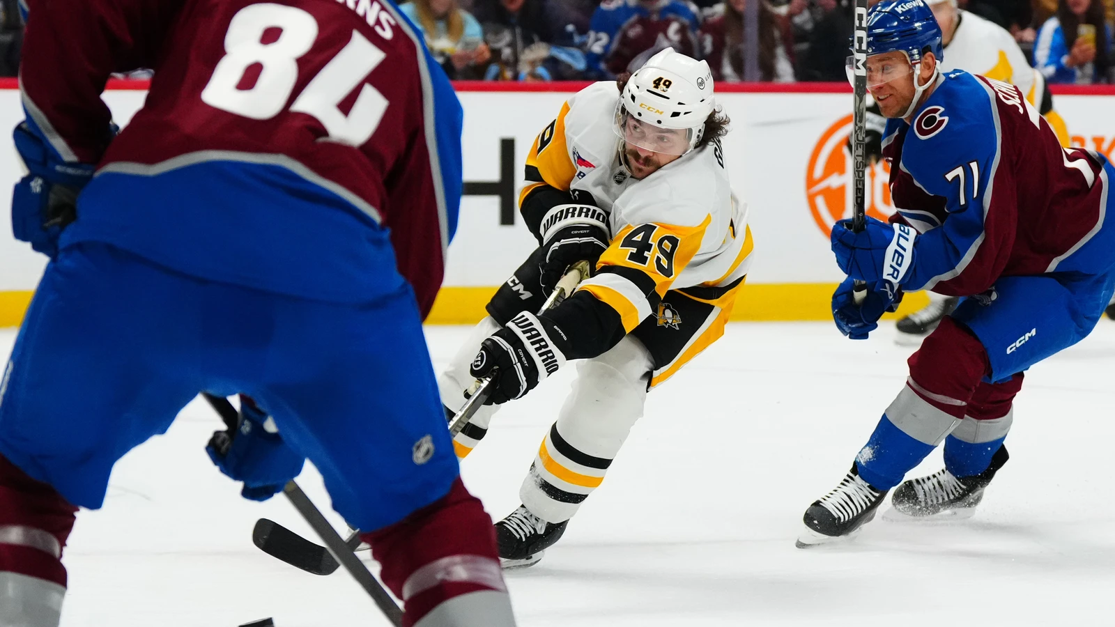 File photo: Pittsburgh Penguins defenceman Samuel Girard shoots the puck against the Colorado Avalanche at Ball Arena.