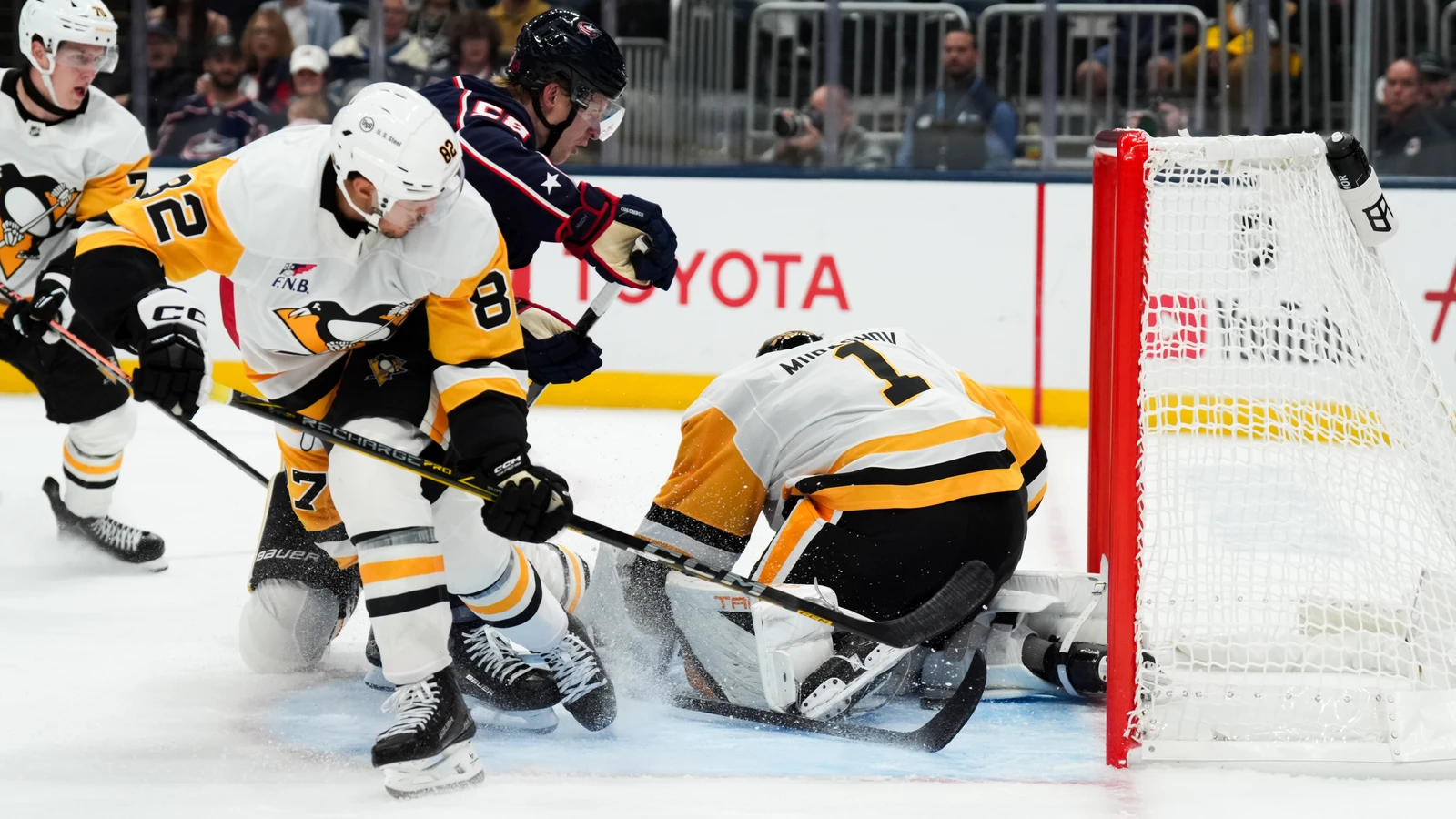 File photo: Pittsburgh Penguins goaltender Sergei Murashov guards his net as Columbus Blue Jackets forward Danton Heinen battles for the puck during a Sept. 24, 2026 preseason game.