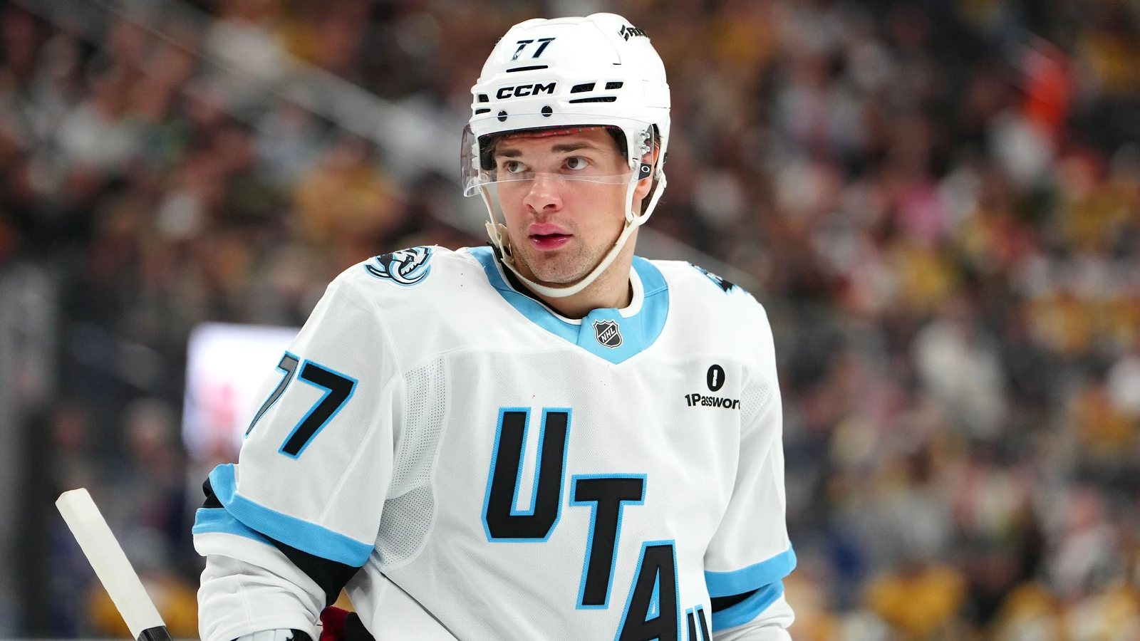 File photo: JJ Peterka, then with the Utah Mammoth, waits for a face-off against the Vegas Golden Knights in the playoffs on April 19, 2026.