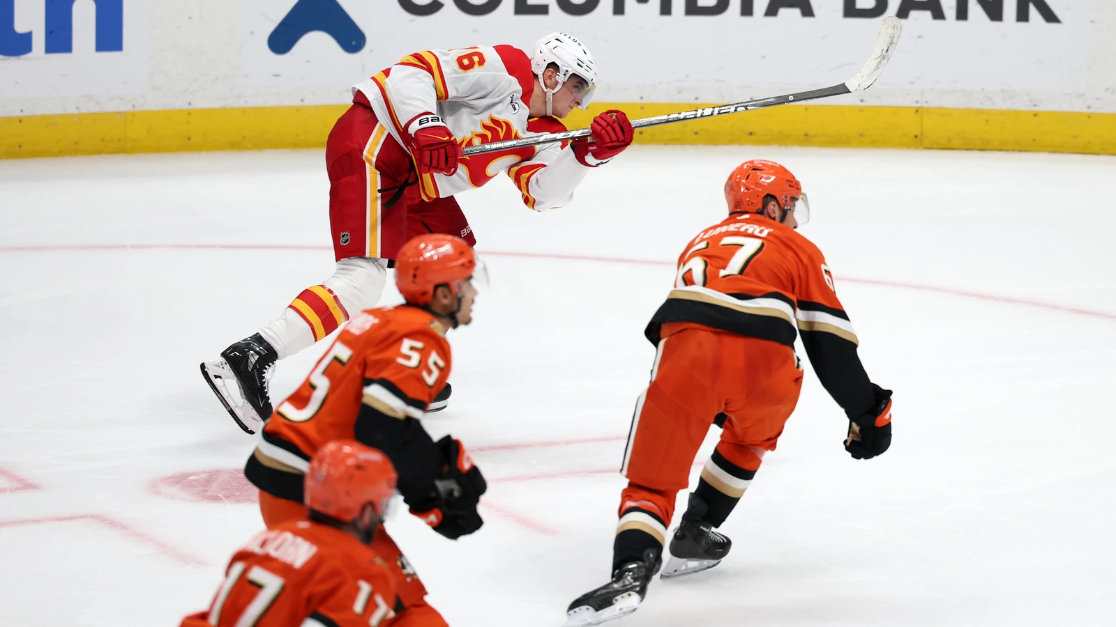 Martin Pospisil shoots for the Calgary Flames against the Anaheim Ducks at Honda Center.