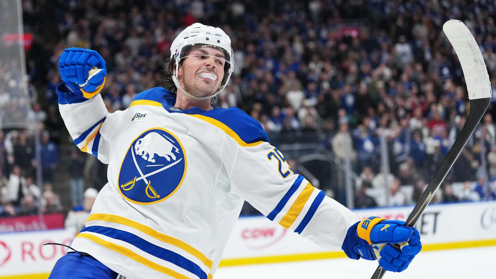 Owen Power celebrates his overtime winning goal for the Buffalo Sabres against the Toronto Maple Leafs.