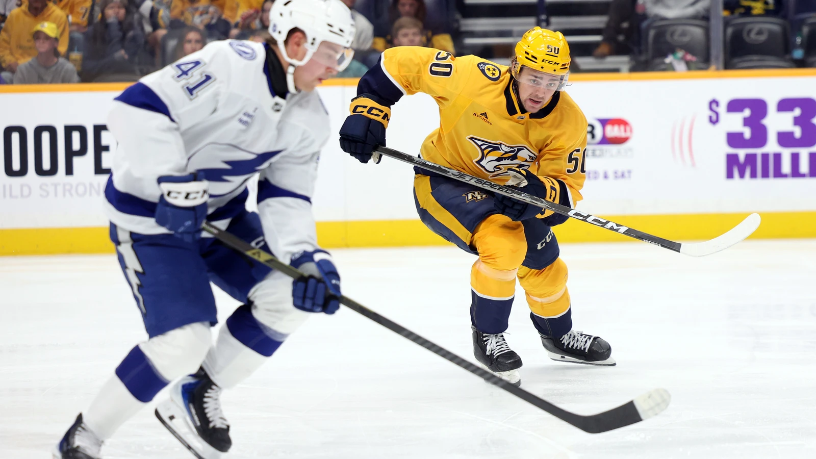 File photo: Nashville Predators defenceman Tanner Molendyk chases Tampa Bay Lightning centre Benjamin Rautiainen during a game at Bridgestone Arena on Sept. 22, 2026.