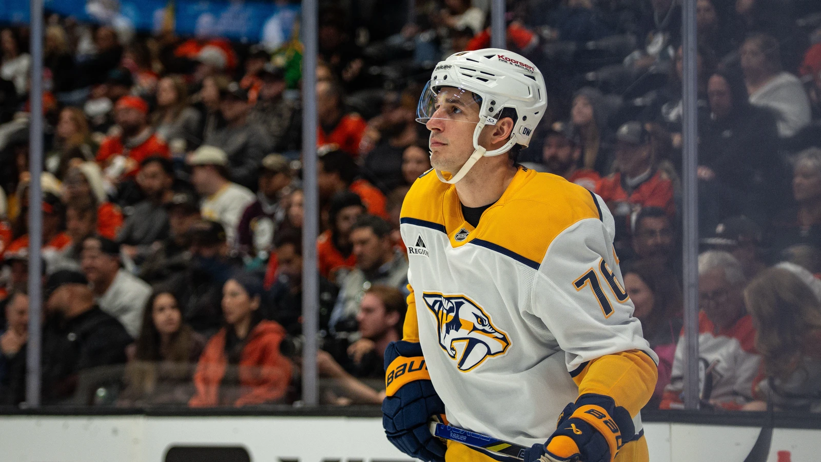File photo: Nashville Predators defenceman Brady Skjei skates with his stick against the Anaheim Ducks at Honda Center on April 7, 2026.