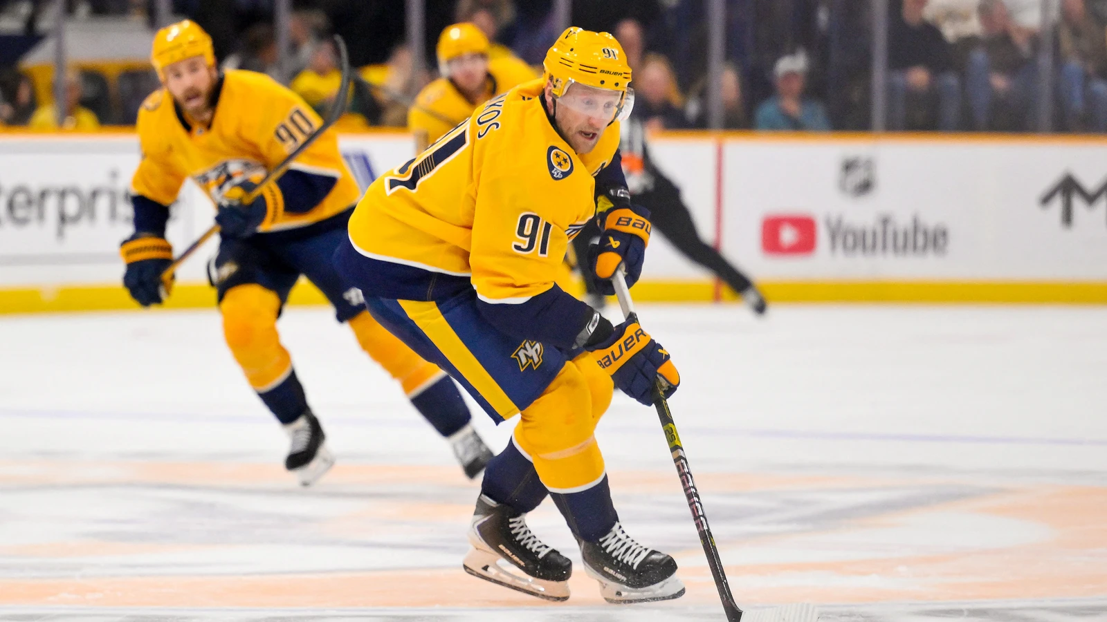File photo: Nashville Predators centre Steven Stamkos skates with the puck against the Vegas Golden Knights at Bridgestone Arena.