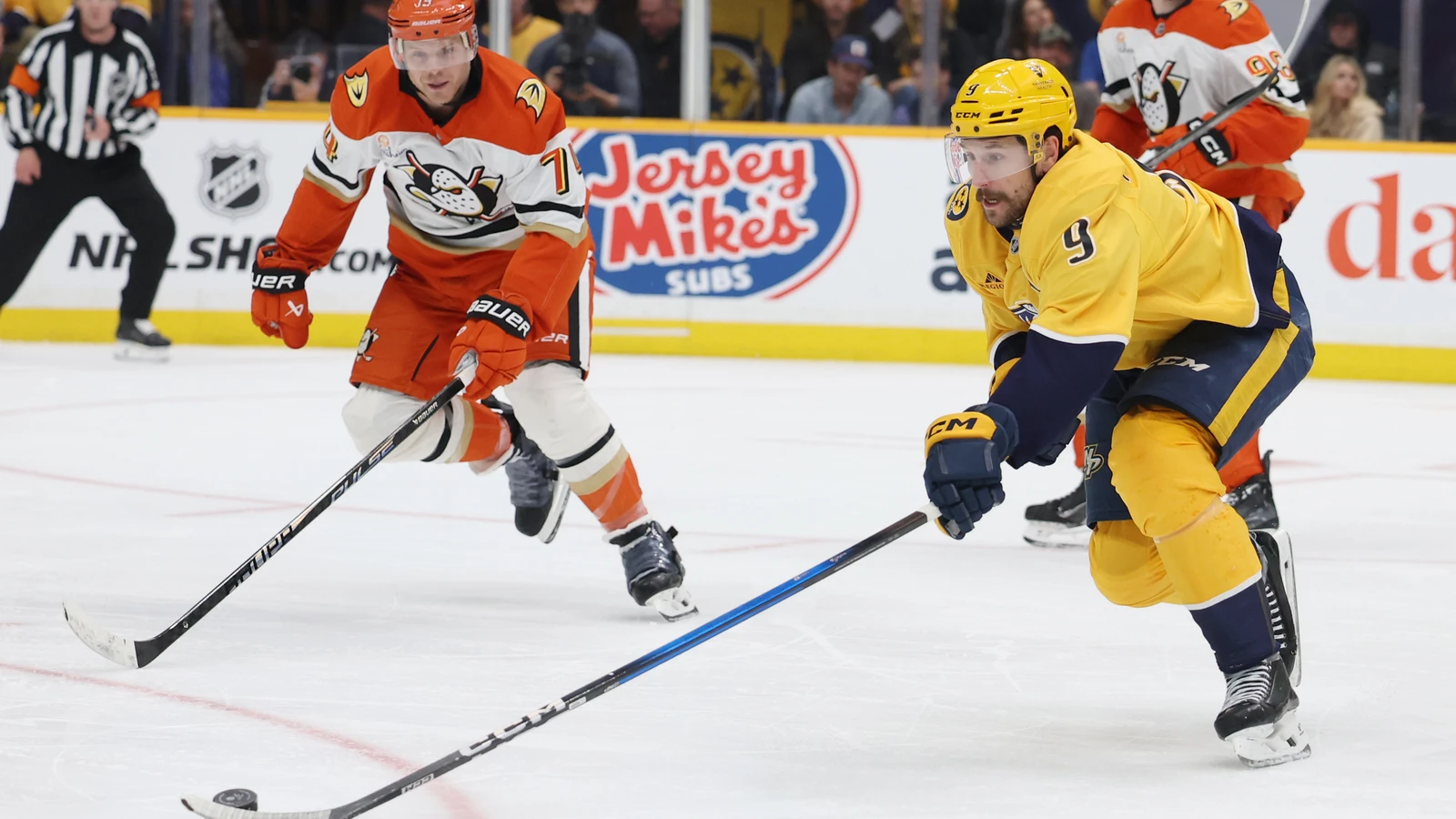 File photo: Nashville Predators left wing Filip Forsberg carries the puck against the Anaheim Ducks in Nashville on April 16, 2026.