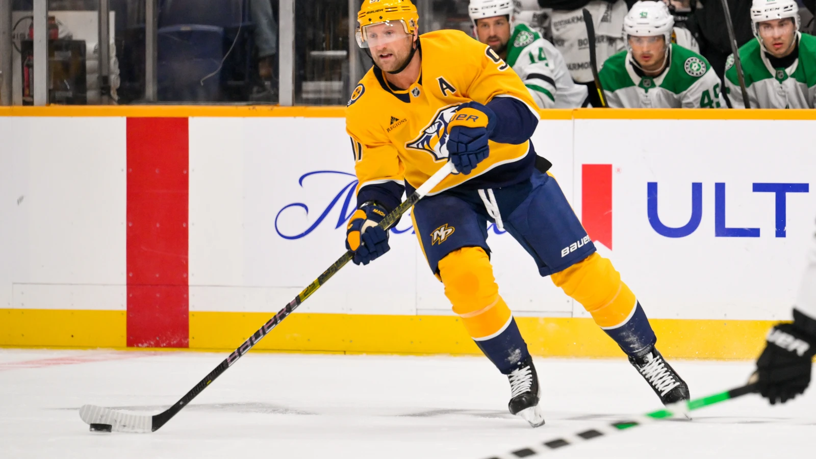 File photo: Nashville Predators centre Steven Stamkos skates with the puck against the Dallas Stars at Bridgestone Arena.