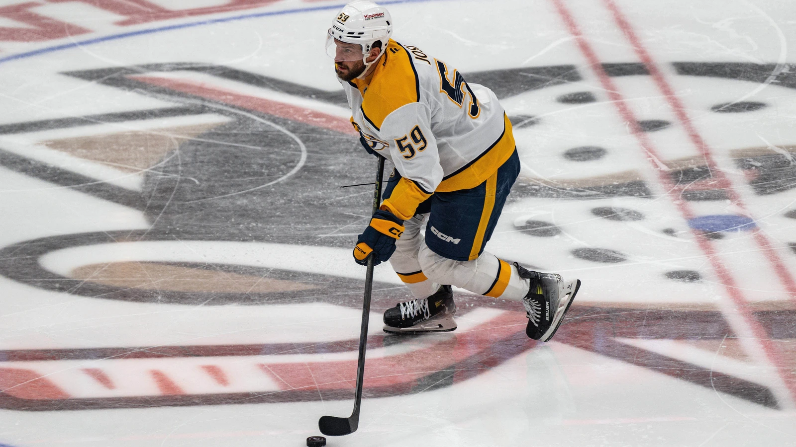 File photo: Nashville Predators defenceman Roman Josi skates with the puck at Honda Center in Anaheim.