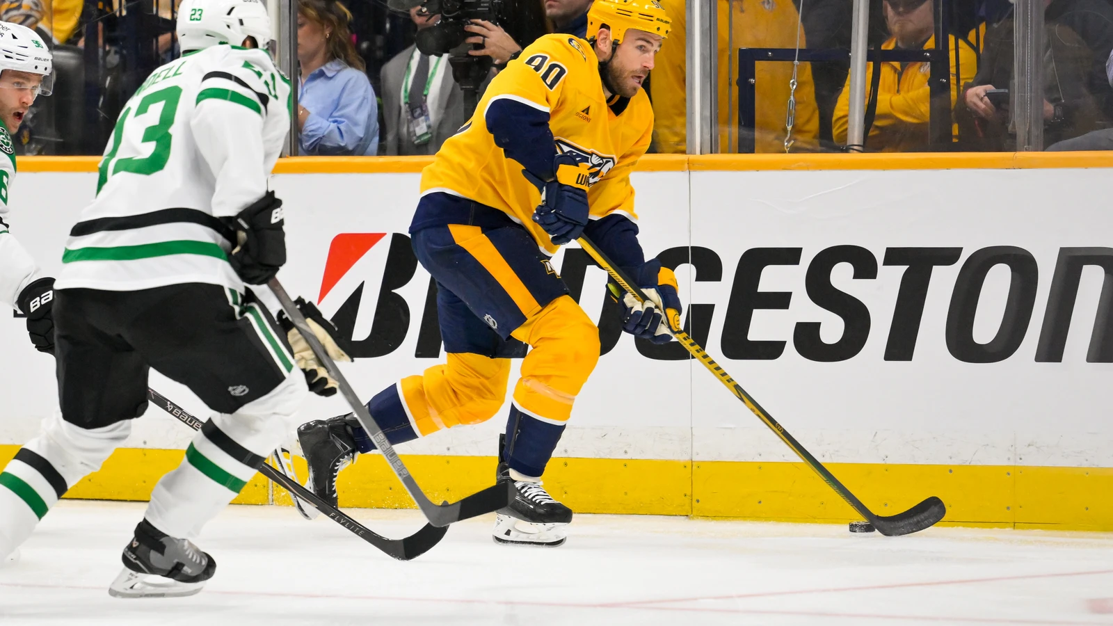 File photo: Nashville Predators centre Ryan O'Reilly carries the puck behind the net against the Dallas Stars at Bridgestone Arena.