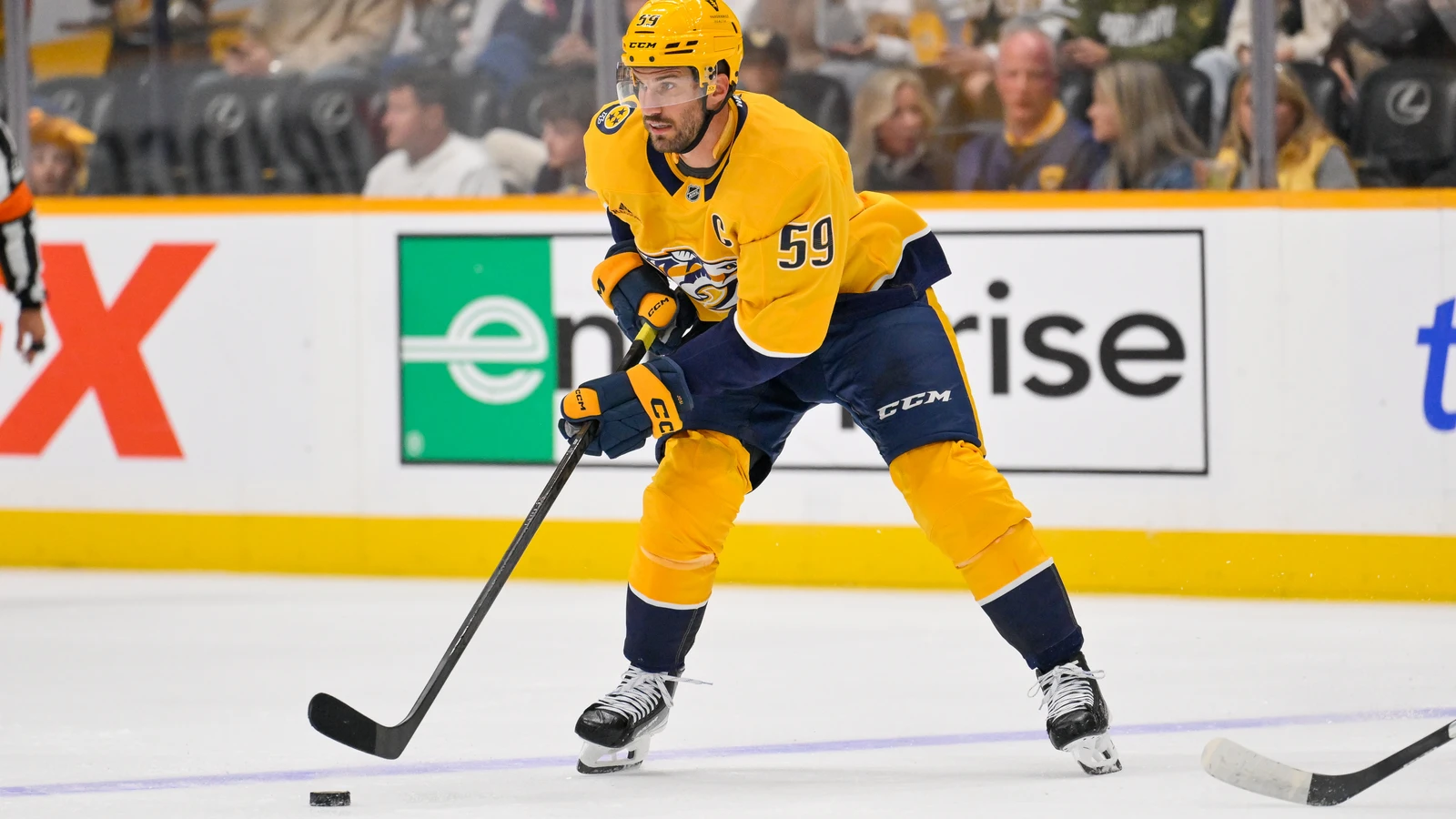 File photo: Nashville Predators defenceman Roman Josi skates with the puck at Bridgestone Arena.