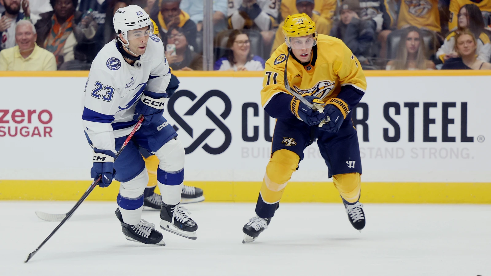 File photo: Nashville Predators forward Matthew Wood (71) passes the puck against Tampa Bay during a Sept. 22, 2026 preseason game in Nashville.