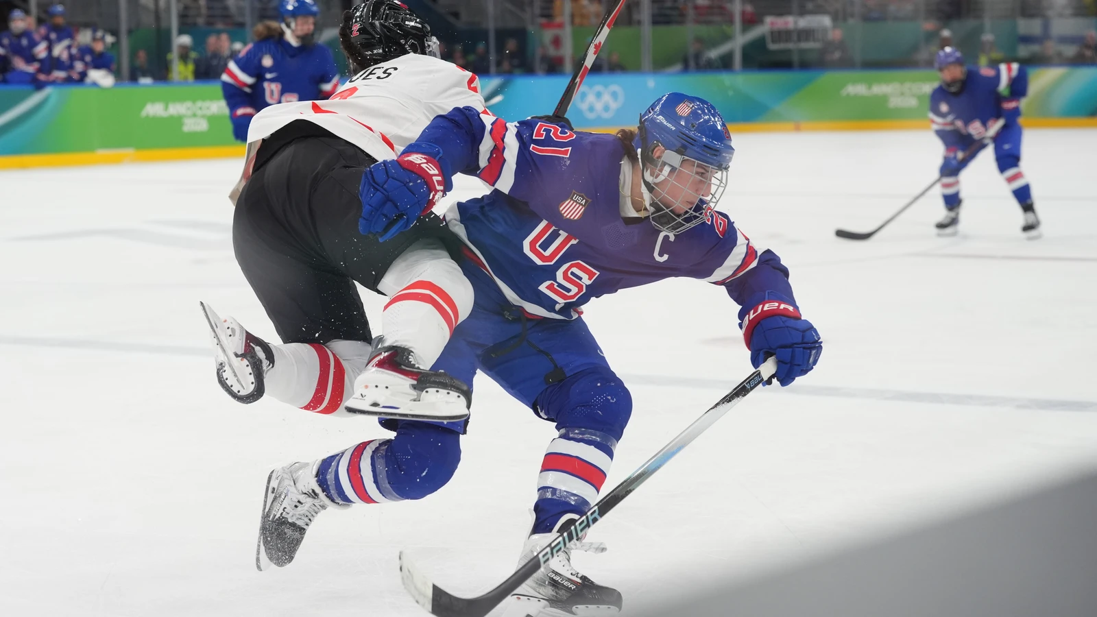 Canada defender Sophie Jaques collides with United States forward Hilary Knight during the 2026 Olympic women’s hockey gold-medal game in Milan. File photo.