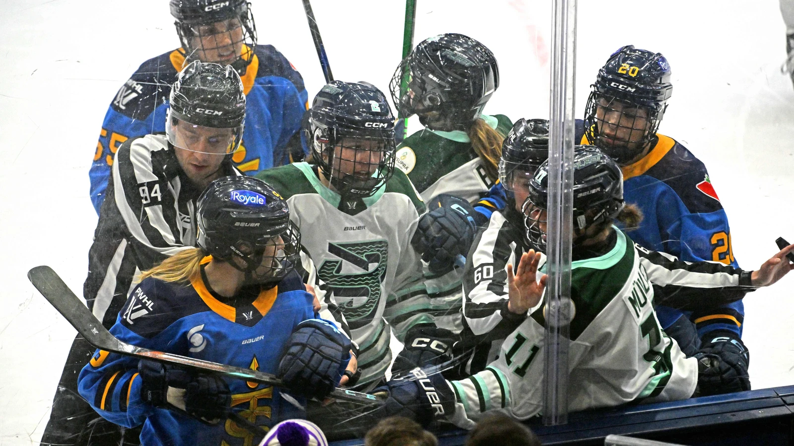 Toronto and Boston players gather during a PWHL game at Coca-Cola Coliseum on Nov. 30, 2024. File photo.