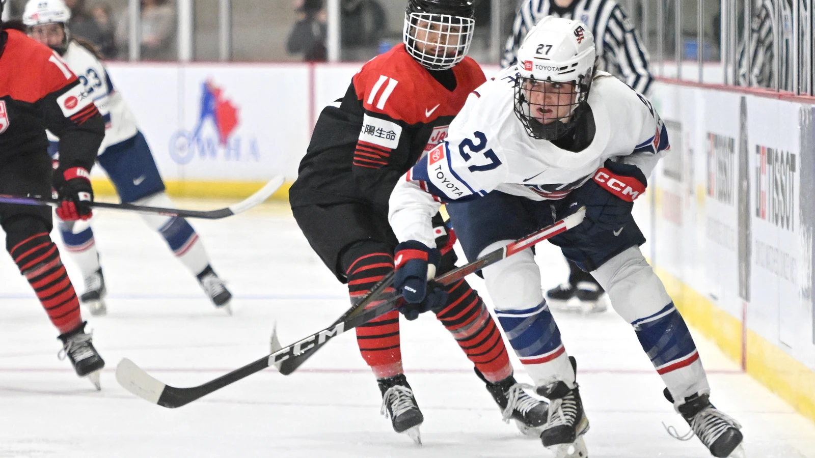 Japan forward Akane Shiga skates behind United States forward Taylor Heise during the IIHF Women’s World Championship on April 5, 2023. File photo.