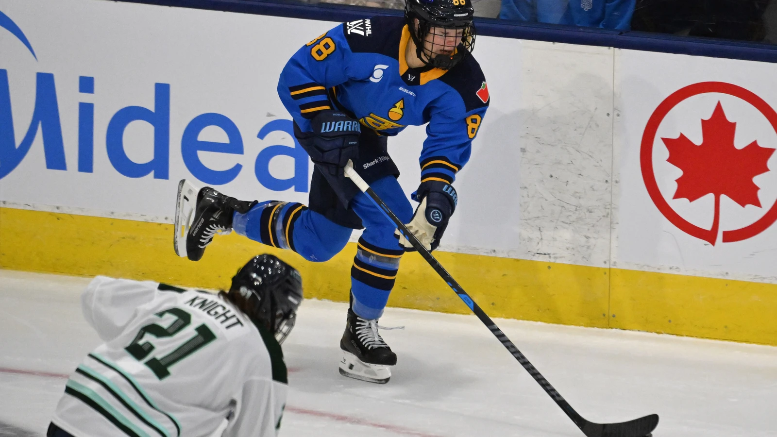 Toronto's Julia Gosling skates past Hilary Knight of the Boston Fleet at Coca-Cola Coliseum on November 30, 2024. File photo.