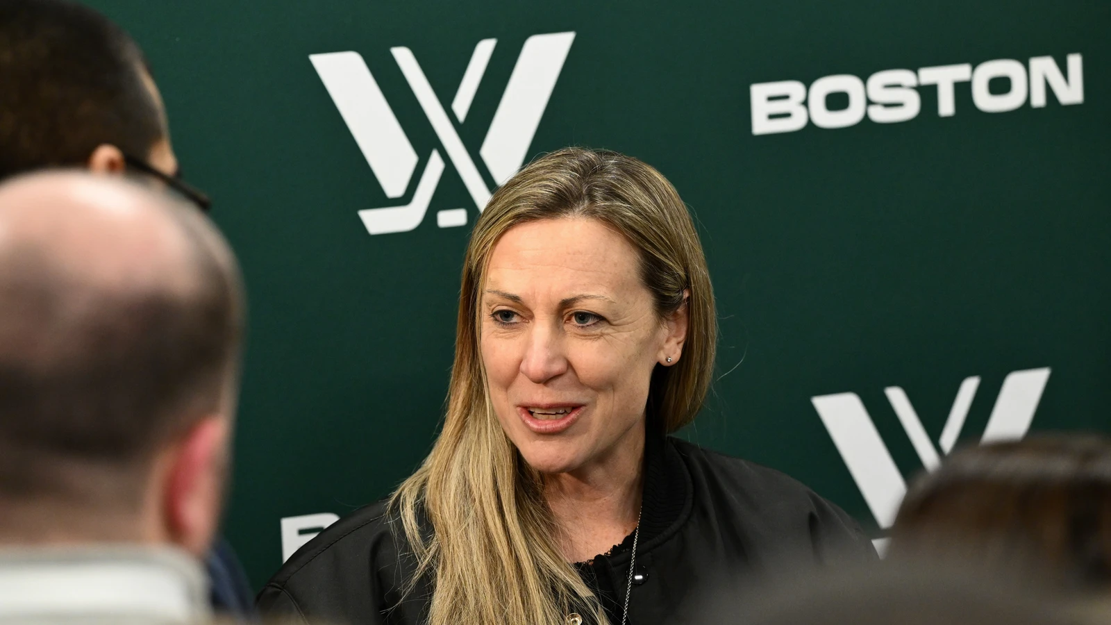 PWHL executive Jayna Hefford speaks with reporters before a Minnesota-Boston game in Lowell on January 3, 2024. File photo.