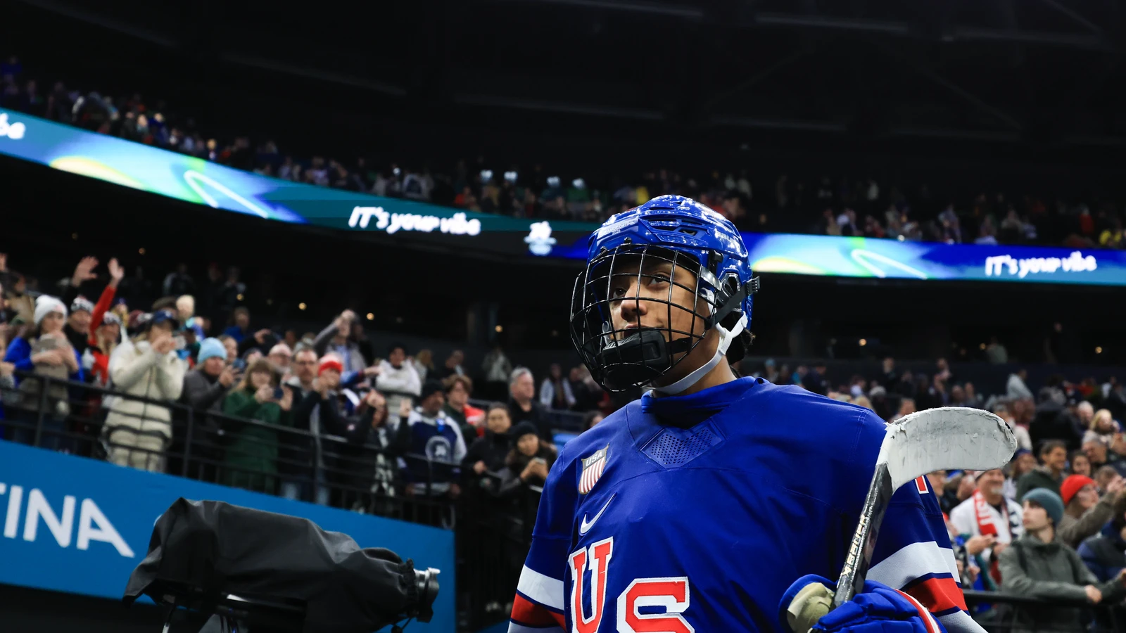 Laila Edwards appears for the United States after an Olympic semifinal on February 16, 2026. File photo.