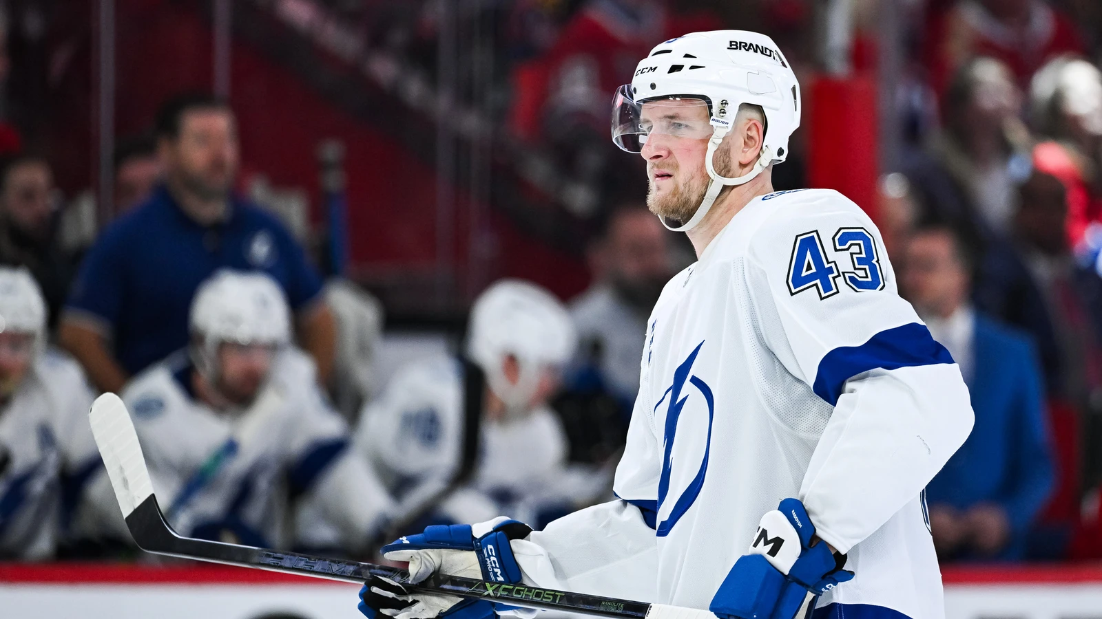 Darren Raddysh in Tampa Bay Lightning uniform at Bell Centre during the 2026 Stanley Cup playoffs, April 26, 2026. File photo.