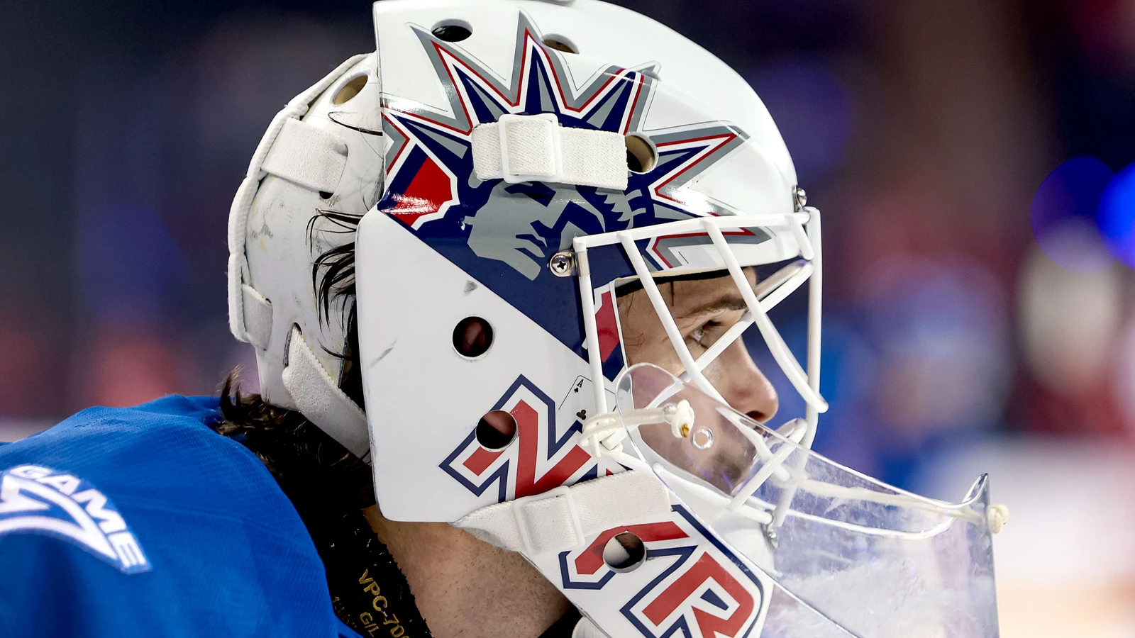 New York Rangers goaltender Igor Shesterkin warms up before facing Detroit at Madison Square Garden on April 4, 2026. File photo.