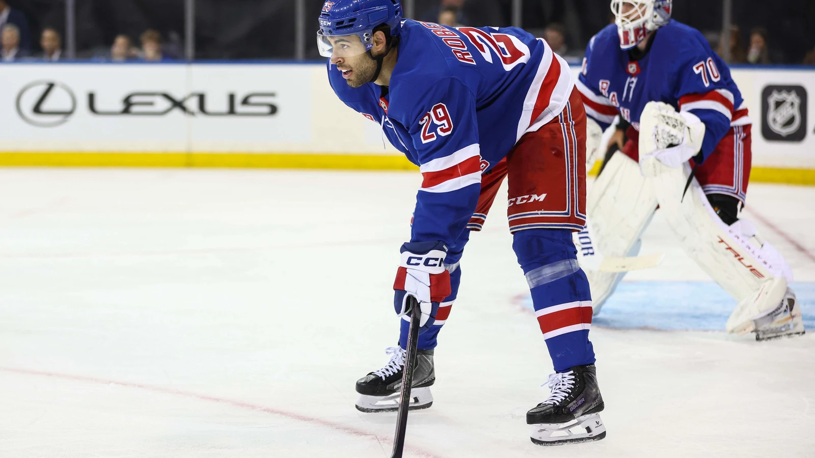 File photo: New York Rangers defenceman Matthew Robertson waits on the ice during a game against the New Jersey Devils at Madison Square Garden.