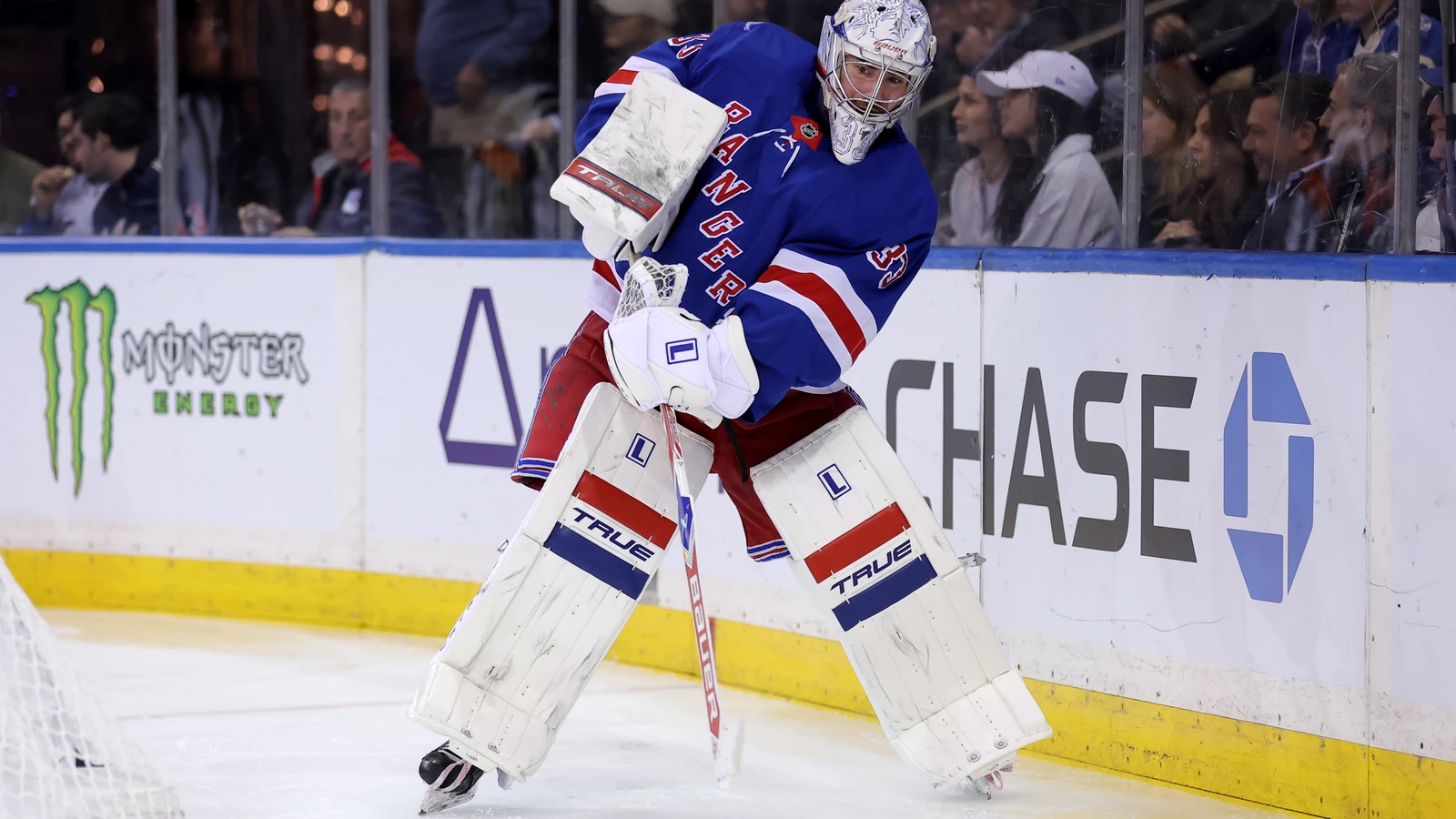 File photo: New York Rangers goaltender Dylan Garand plays the puck against the Anaheim Ducks at Madison Square Garden.