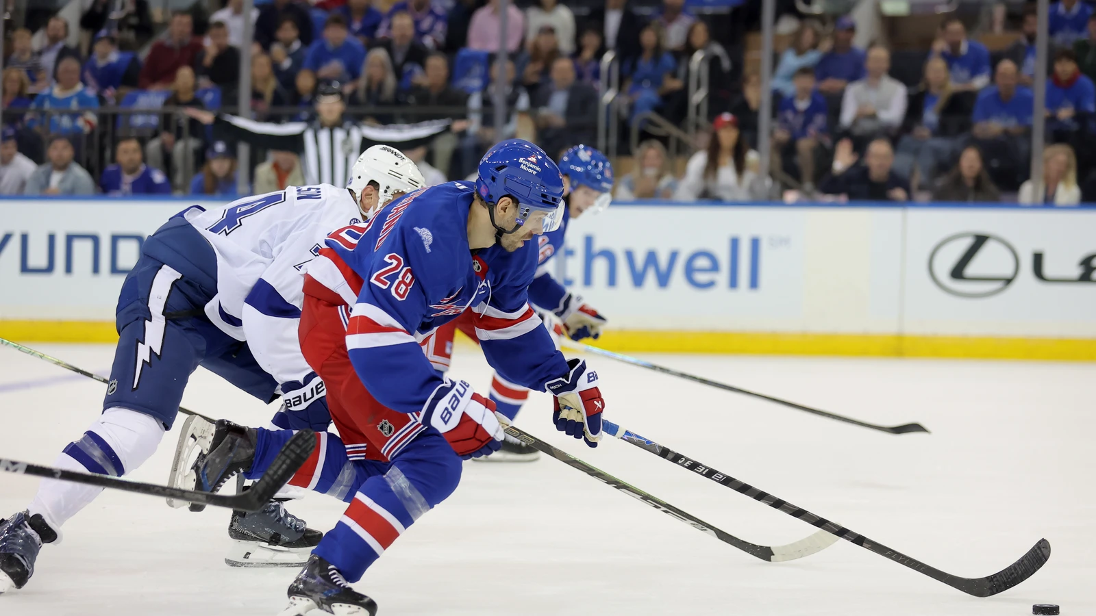 File photo: New York Rangers forward Oliver Bjorkstrand skates with the puck against Tampa Bay at Madison Square Garden.