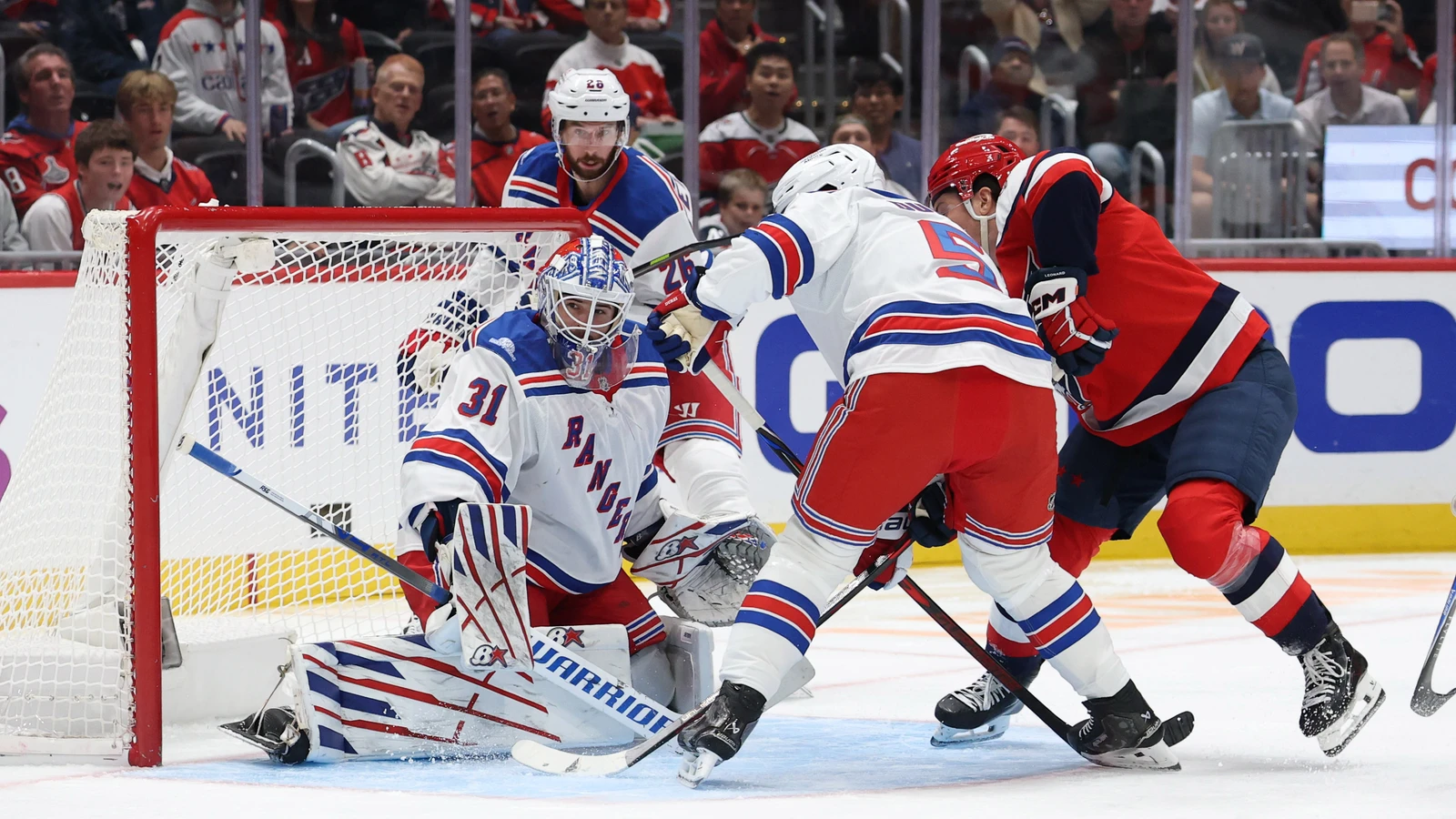 New York Rangers goaltender Igor Shesterkin makes a save against the Washington Capitals at Capital One Arena.
