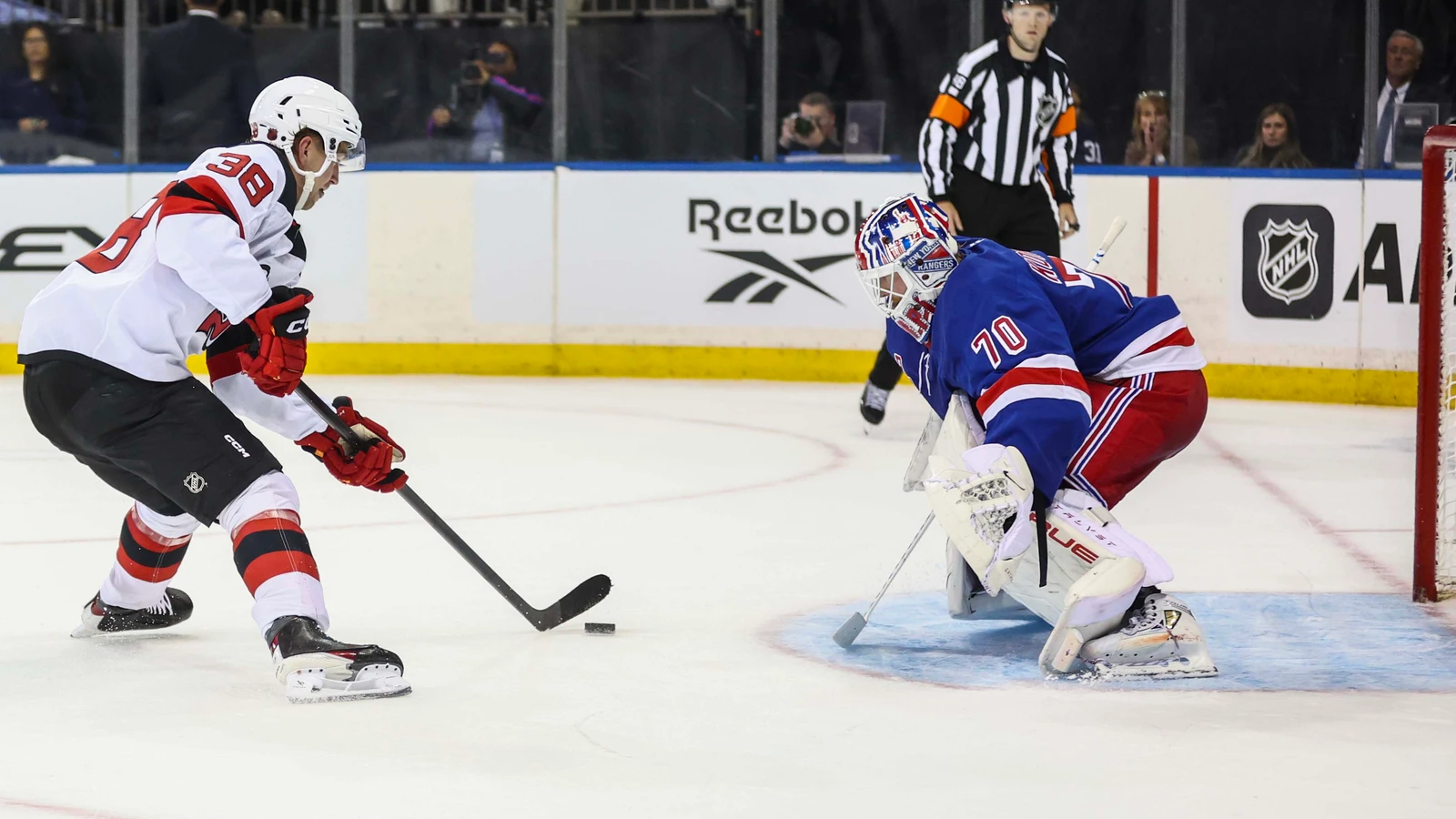 File photo: New York Rangers goaltender Joonas Korpisalo faces a New Jersey Devils attacker at Madison Square Garden on September 24, 2026.
