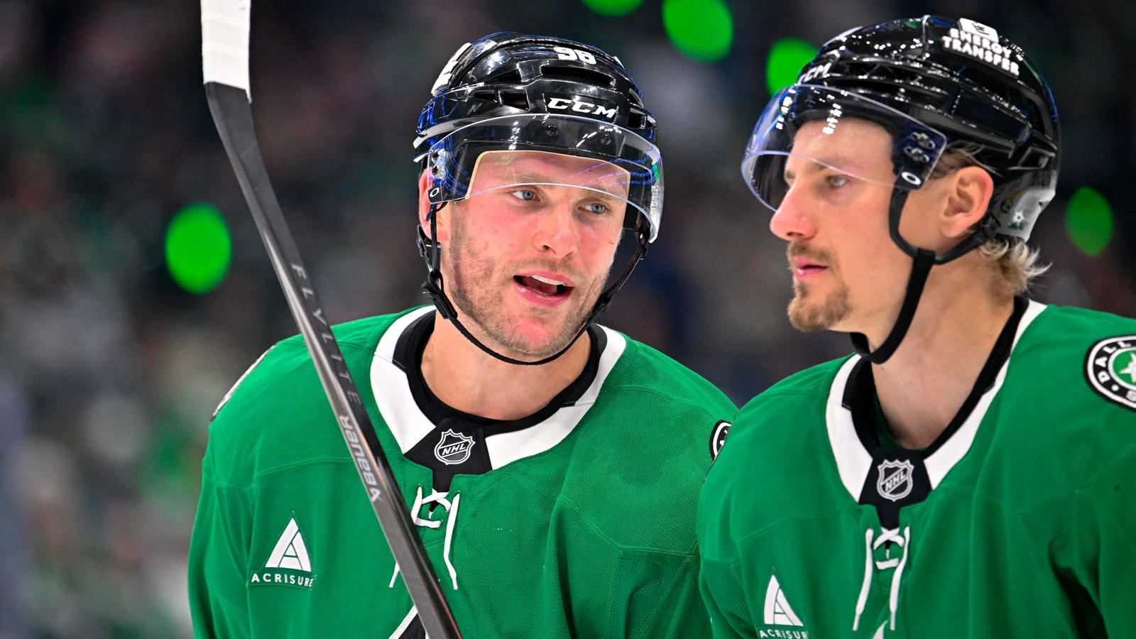 File photo: Dallas Stars forward Mikko Rantanen celebrates a goal with Roope Hintz.