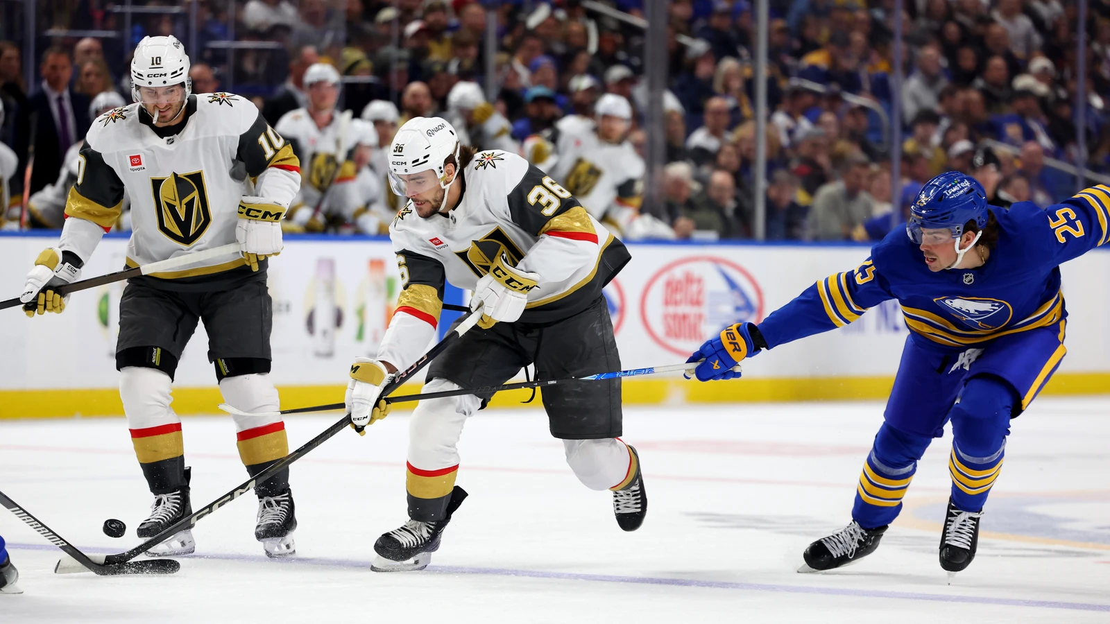 File photo: Vegas Golden Knights centre Raphael Lavoie protects the puck from Buffalo Sabres defenceman Owen Power in Buffalo on March 3, 2026.