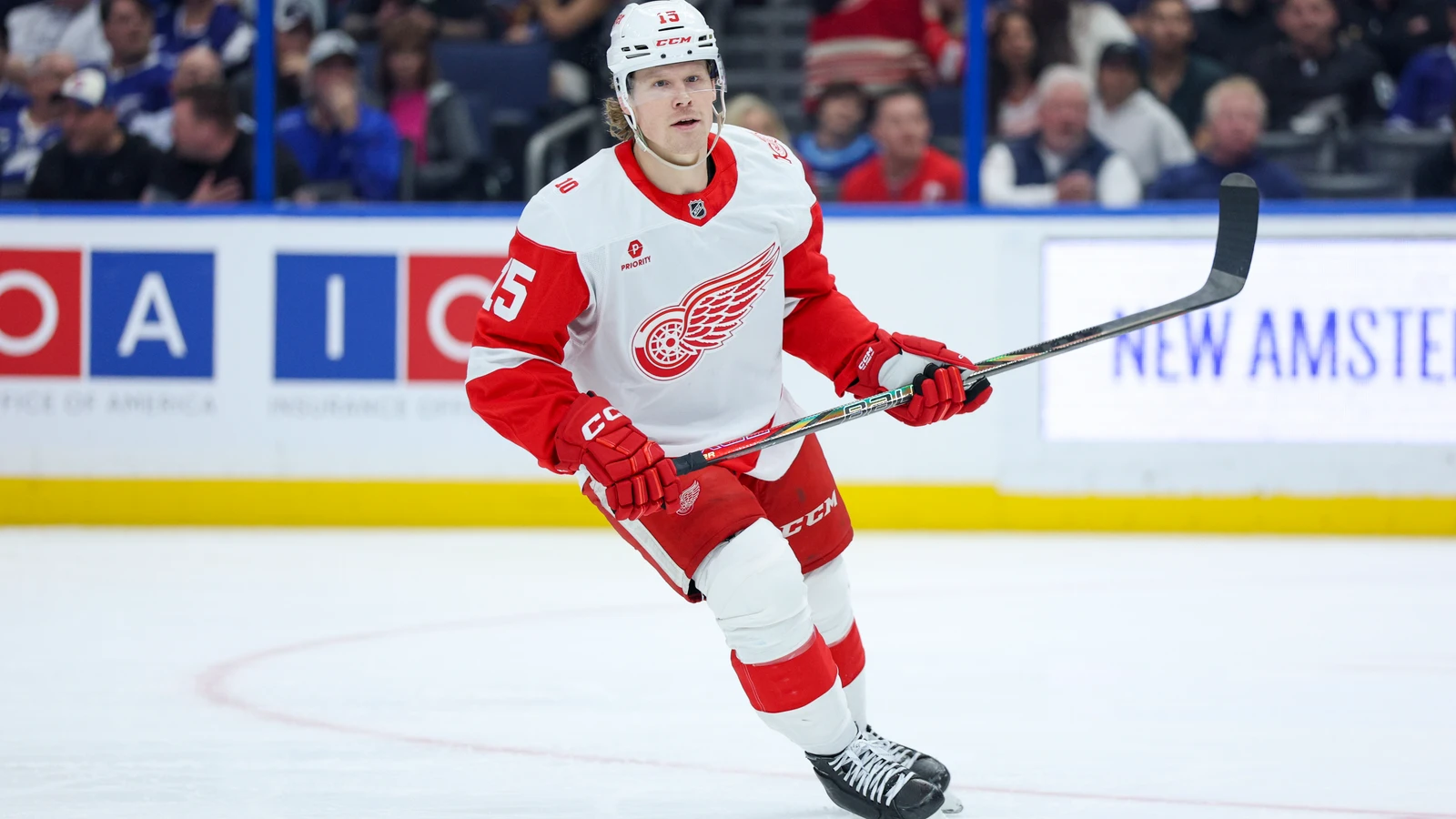 File photo: Detroit Red Wings forward Sheldon Dries skates with his stick during a March 12, 2026 game against the Tampa Bay Lightning.