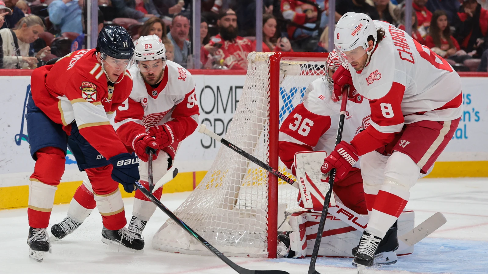 File photo: Detroit Red Wings defenceman Ben Chiarot, No. 8, blocks a shot beside the net against the Florida Panthers in Sunrise on April 15, 2026.