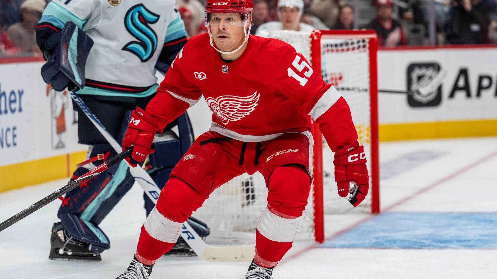 File photo: Detroit Red Wings centre Sheldon Dries watches the play against the Seattle Kraken at Little Caesars Arena.