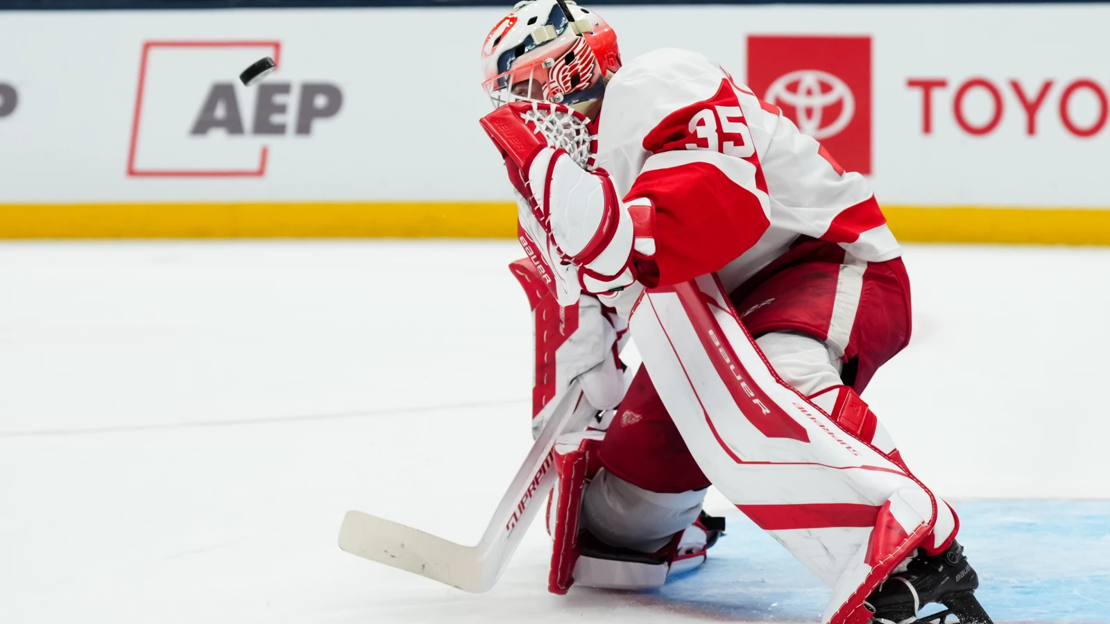 File photo: Detroit Red Wings goaltender Michal Postava makes a save against the Columbus Blue Jackets.