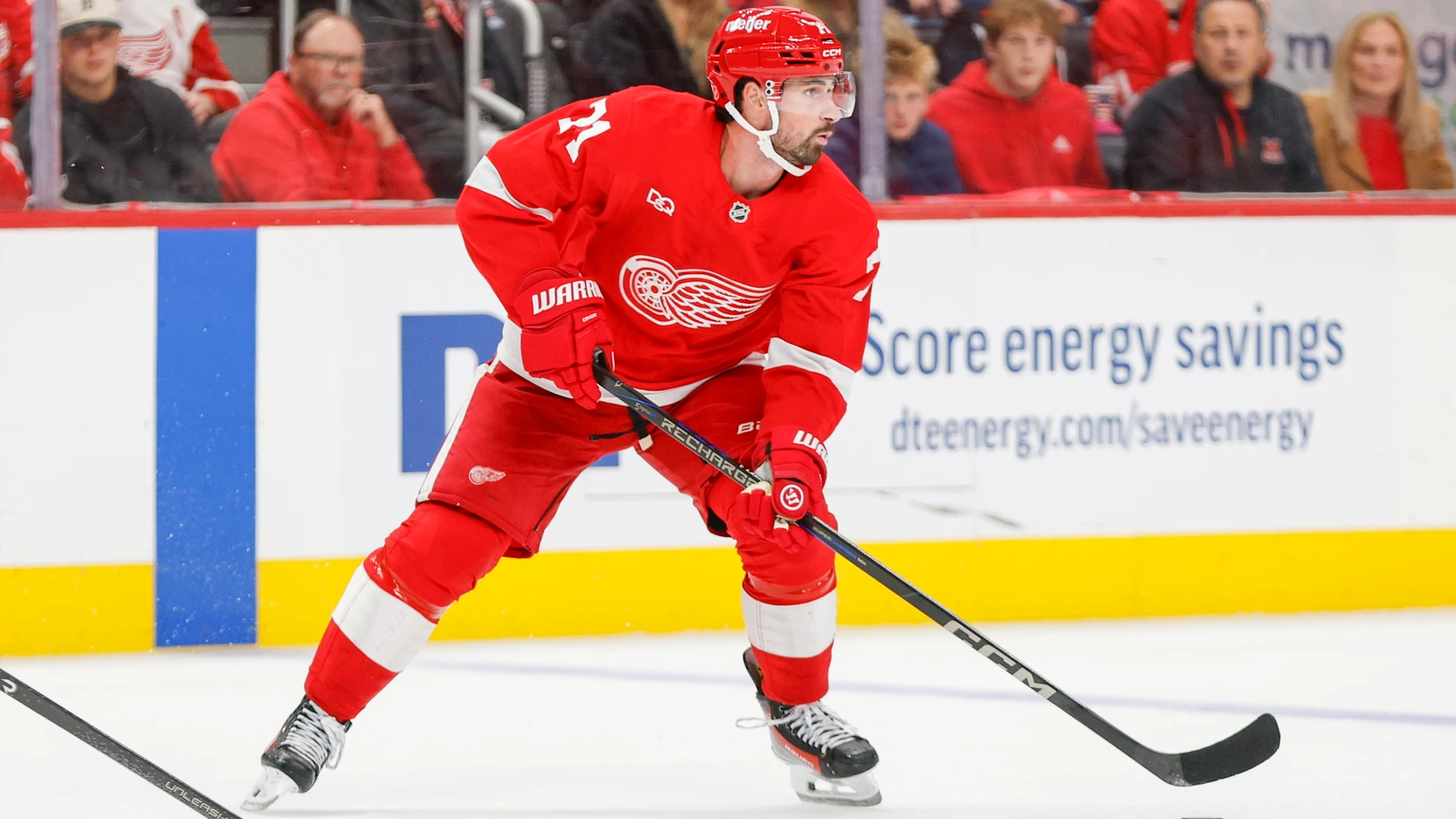 File photo: Detroit Red Wings forward Dylan Larkin controls the puck against Ottawa at Little Caesars Arena.