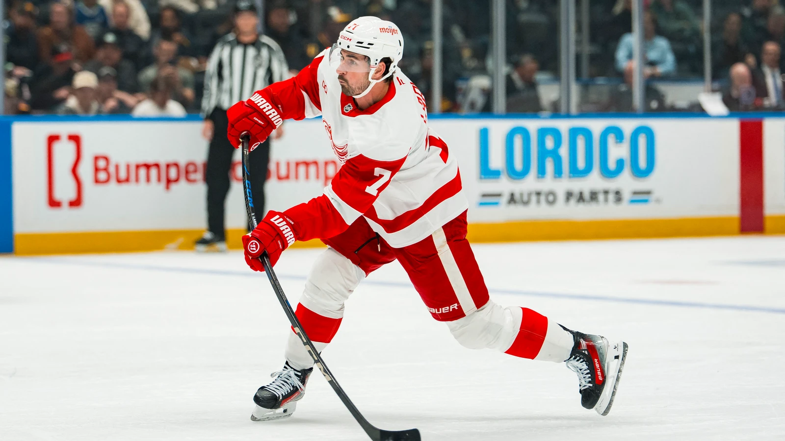 File photo: Detroit Red Wings centre Dylan Larkin shoots the puck against the Vancouver Canucks at Rogers Arena.