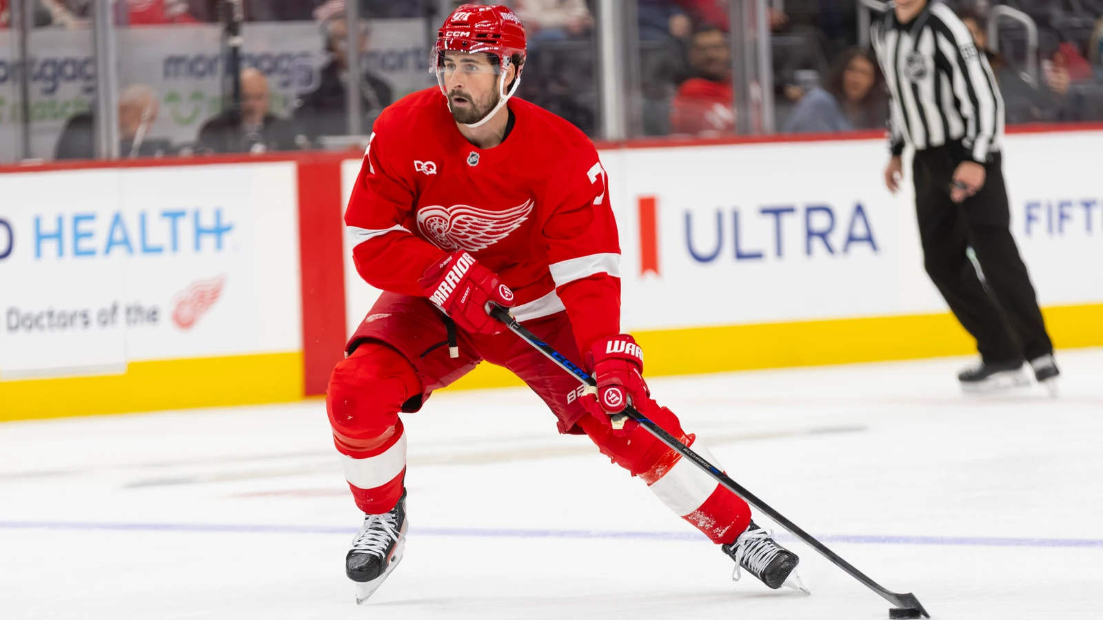 File photo: Detroit Red Wings centre Dylan Larkin handles the puck against the San Jose Sharks at Little Caesars Arena.