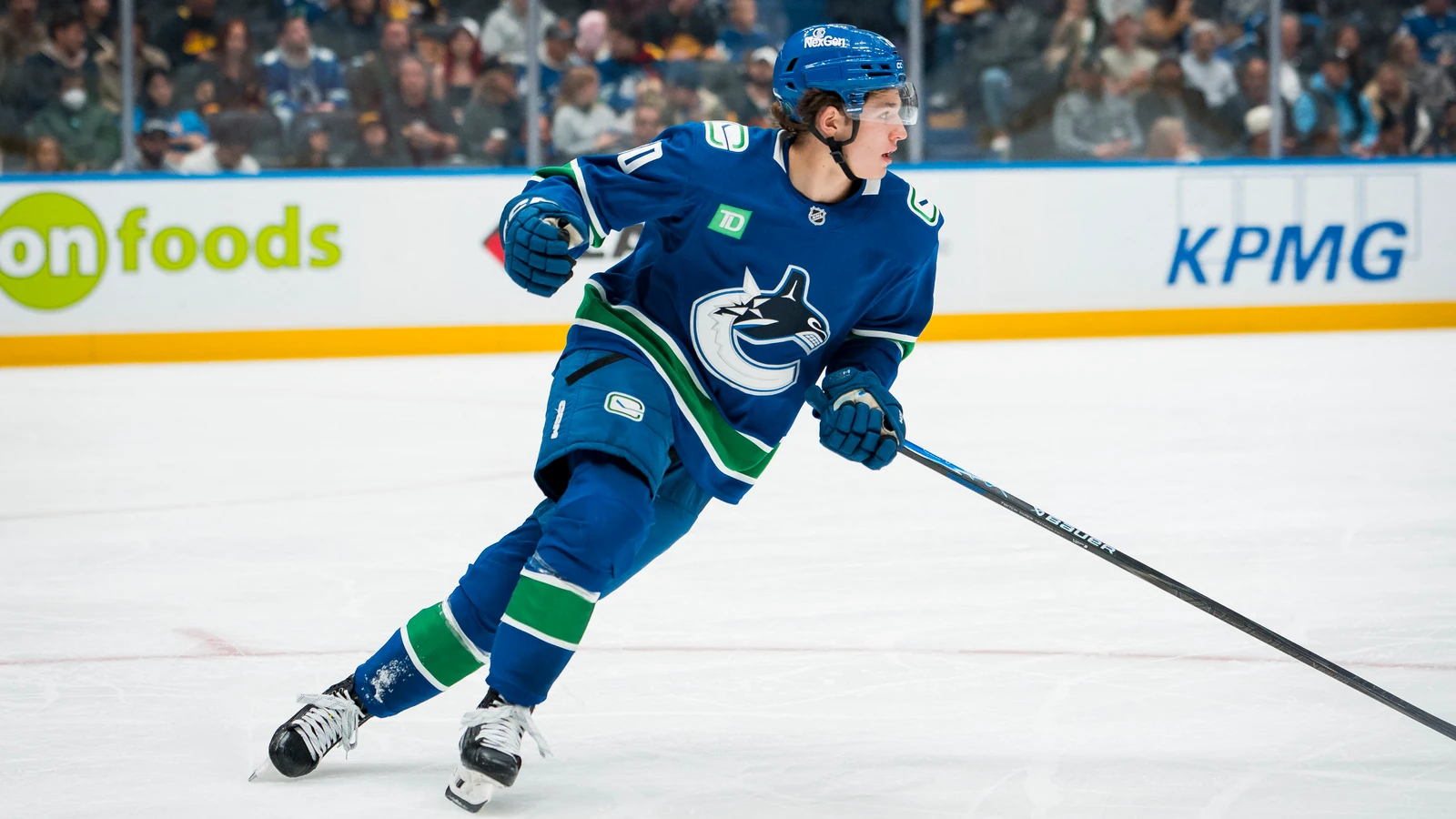 Braeden Cootes skates for Vancouver against St. Louis at Rogers Arena on Oct. 13, 2025. File photo.