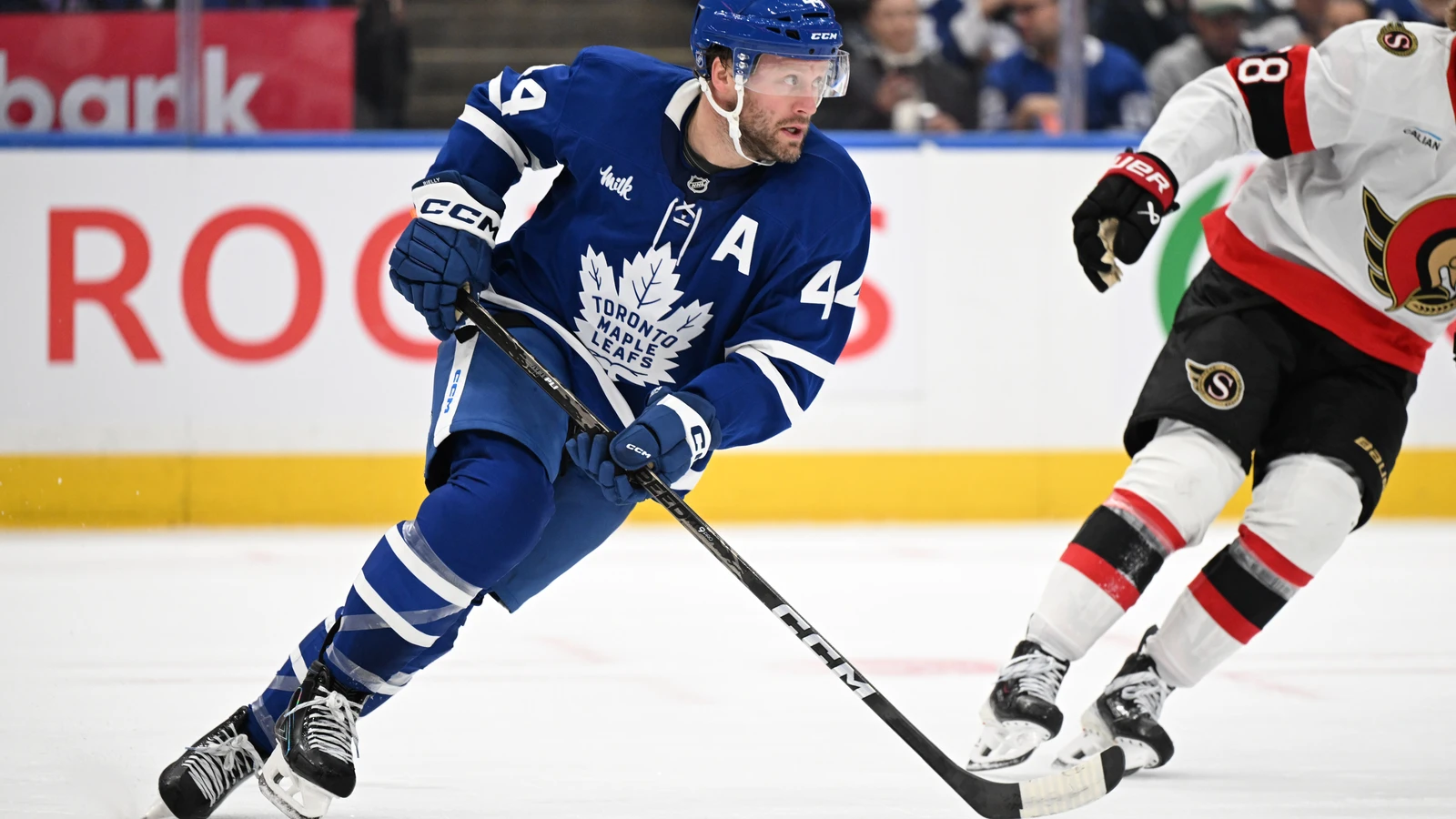 File photo: Toronto Maple Leafs defenseman Morgan Rielly (44) skates with the puck against Ottawa at Scotiabank Arena on Sept. 23, 2026.
