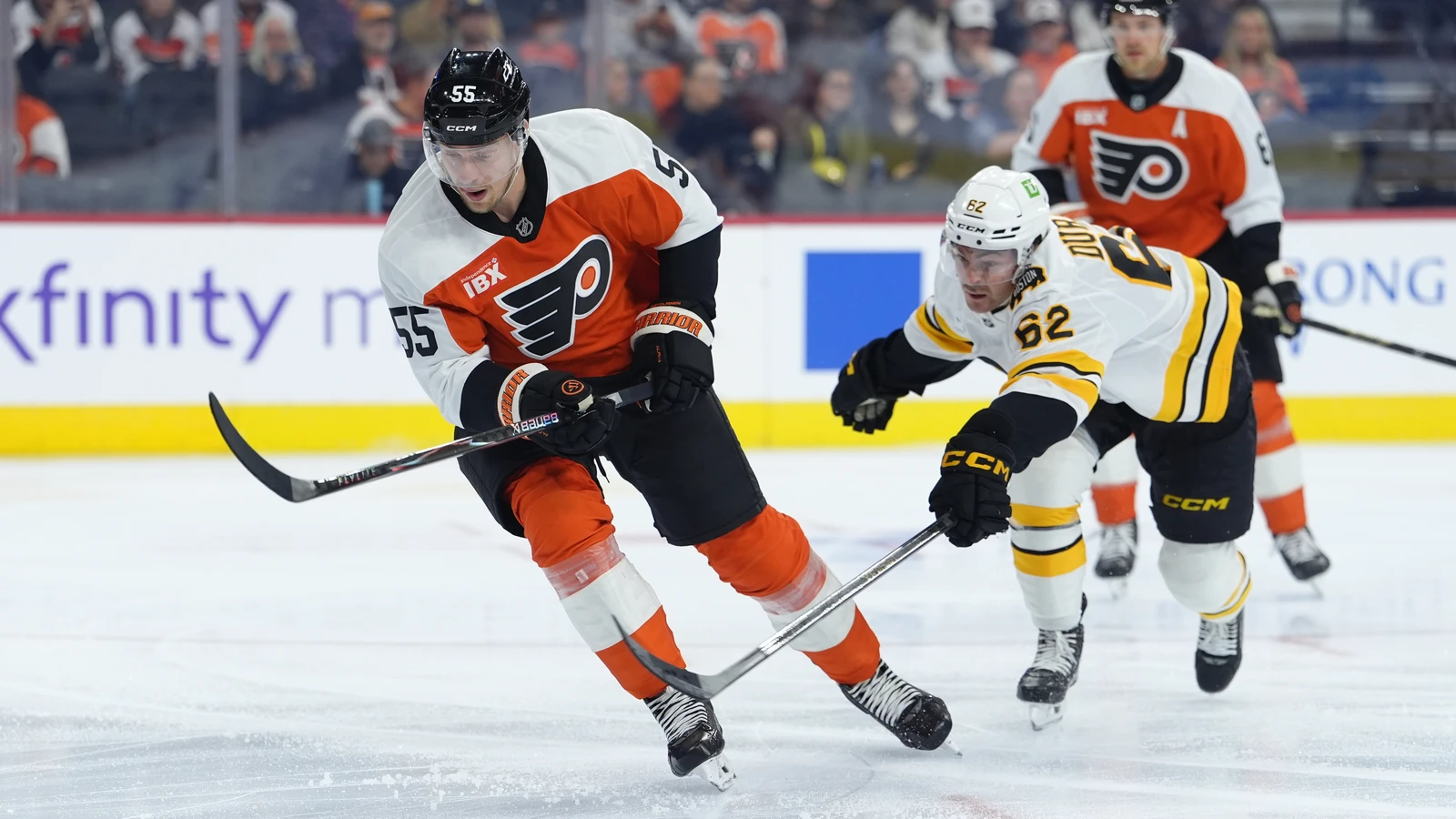File photo: Philadelphia Flyers defenceman Rasmus Ristolainen chases the puck with Boston Bruins centre Riley Duran at Xfinity Mobile Arena.