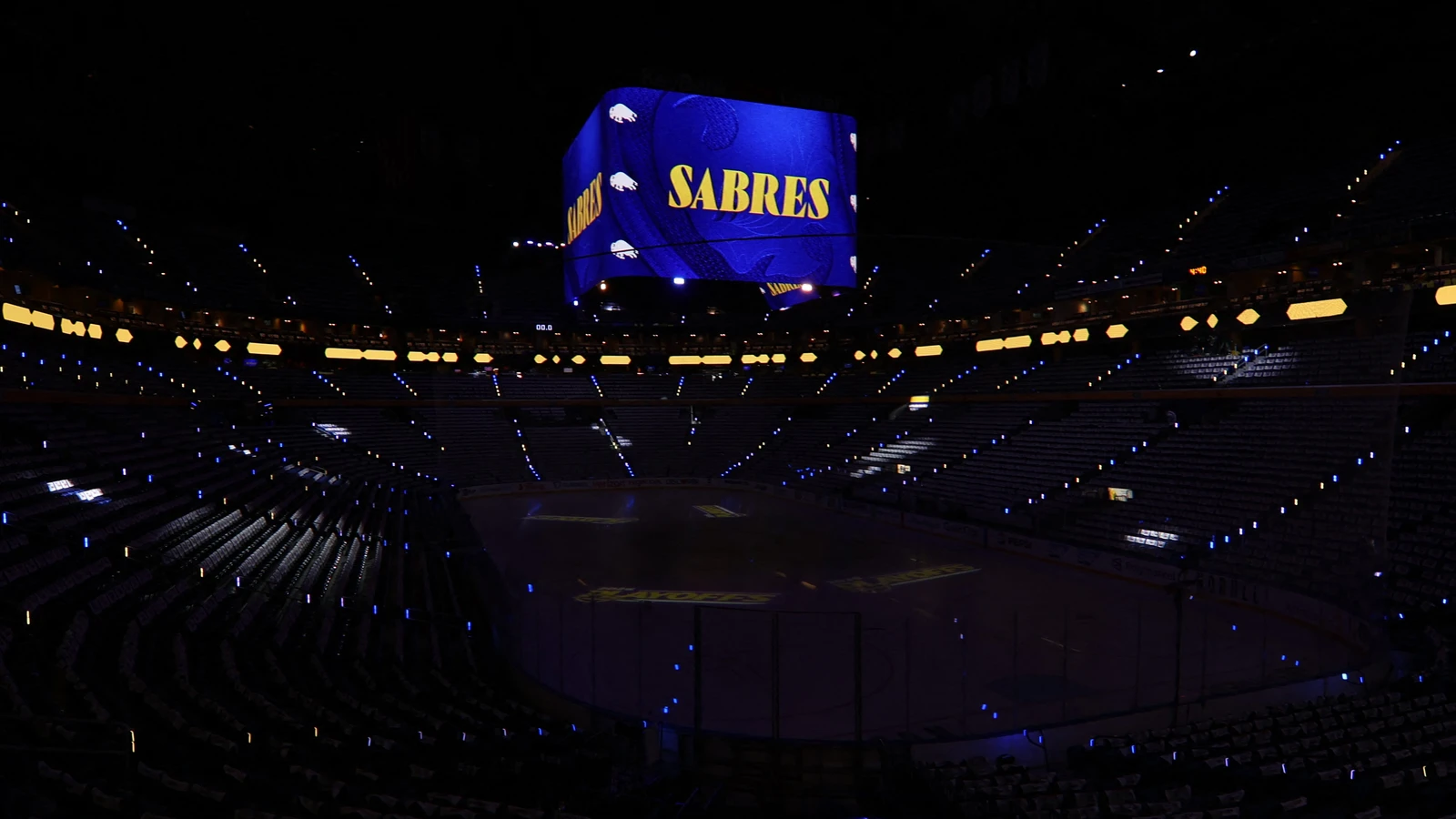 File photo: The Sabres videoboard hangs above the rink at KeyBank Center before a playoff game in Buffalo.
