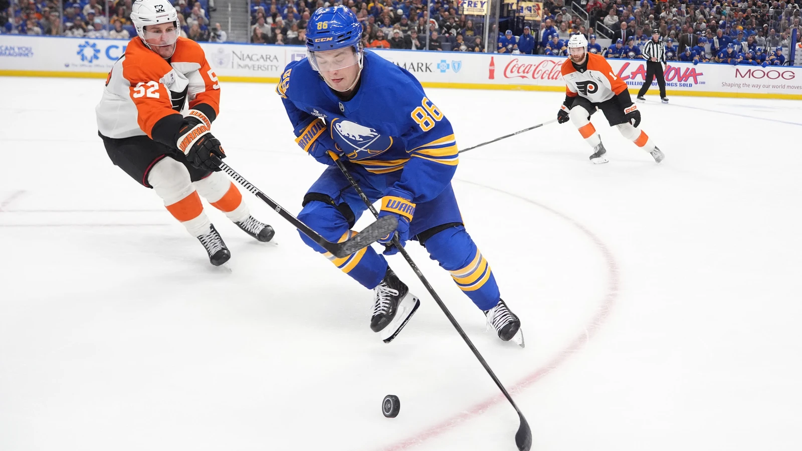 File photo: Buffalo Sabres centre Noah Ostlund controls the puck against Philadelphia at KeyBank Center on Oct. 21, 2026.