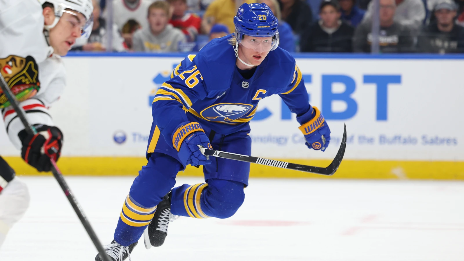 File photo: Buffalo Sabres defenceman Rasmus Dahlin skates towards a loose puck against the Chicago Blackhawks at KeyBank Center.