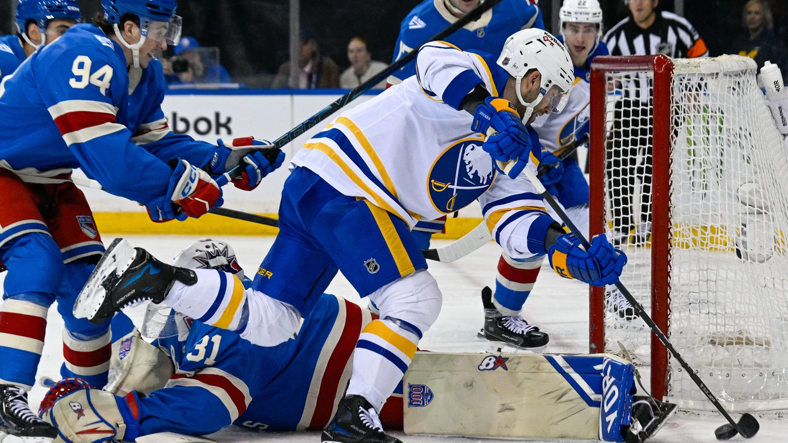 Buffalo Sabres forward Jason Zucker attacks the New York Rangers' net in April 2026. File photo.