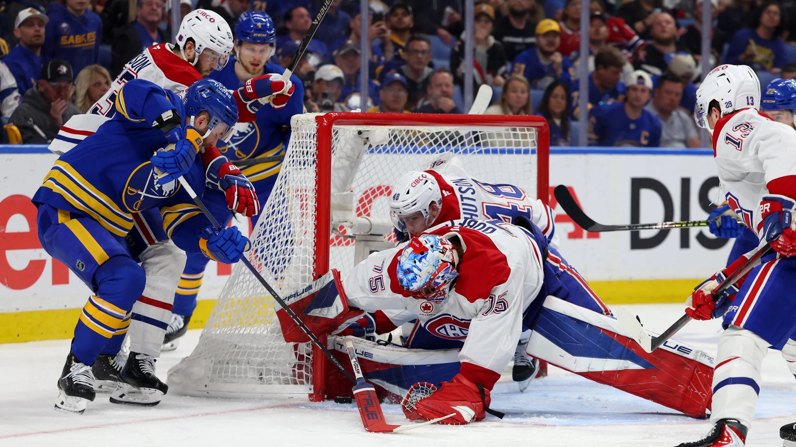 Jason Zucker attacks the Montreal net during Game 7 of the second round in Buffalo on May 18, 2026. File photo.
