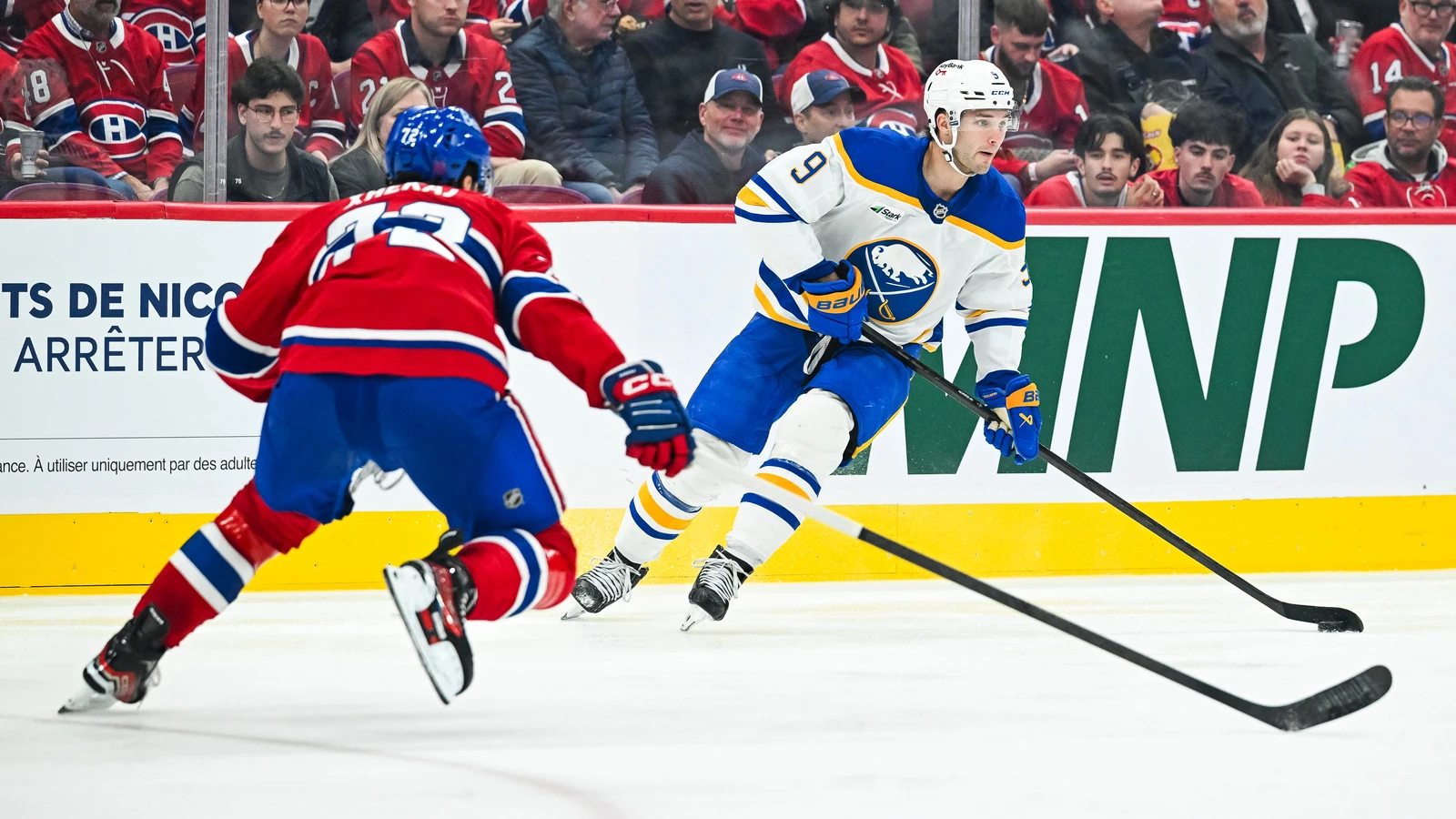 File photo: Buffalo Sabres centre Josh Norris carries the puck against Montreal Canadiens defenceman Arber Xhekaj at Bell Centre.