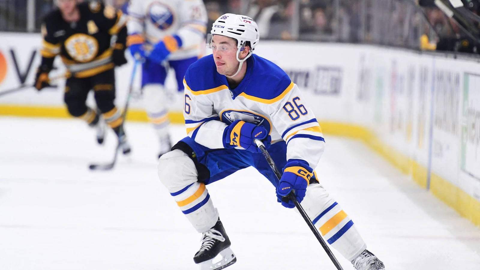 Noah Ostlund controls the puck for the Buffalo Sabres at TD Garden during the 2026 Stanley Cup playoffs, April 26, 2026. File photo.