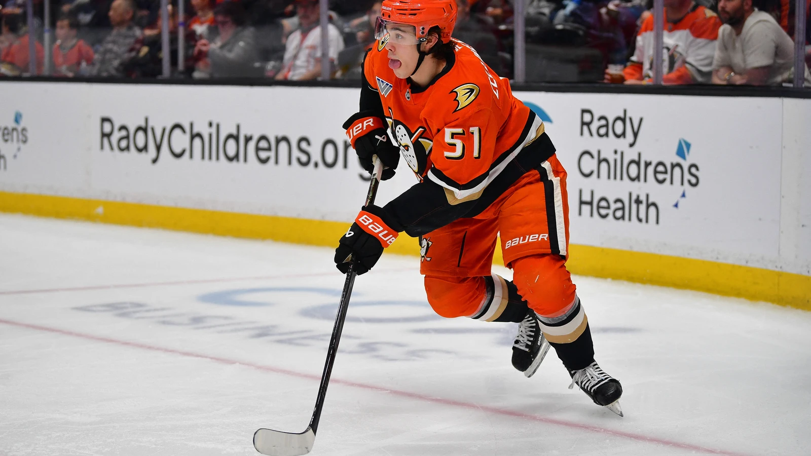 File photo: Olen Zellweger (51), then with the Anaheim Ducks, skates with the puck against Buffalo on Mar. 22, 2026, before his move to the Sabres.