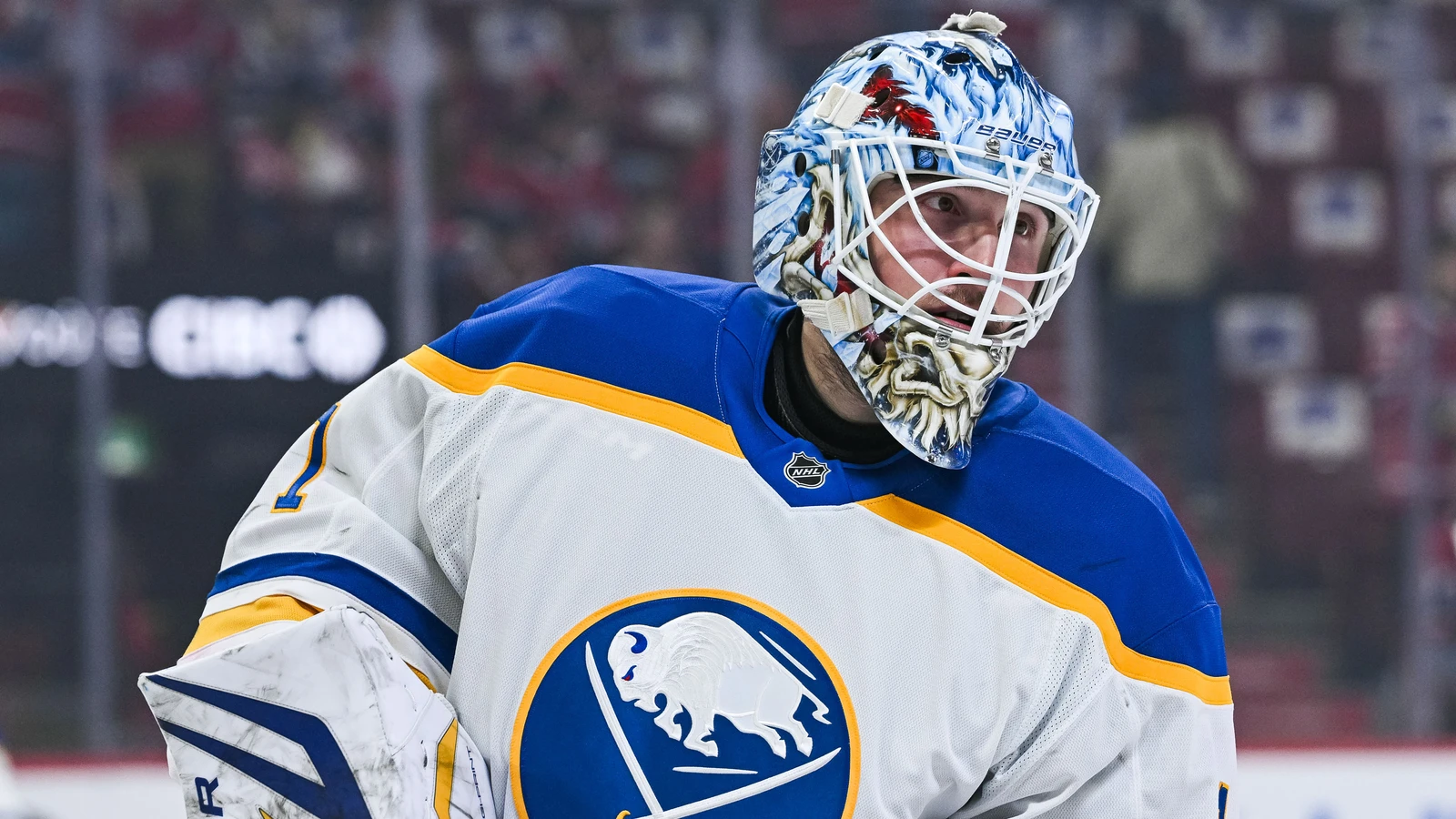 Sabres goaltender Ukko-Pekka Luukkonen warms up before a playoff game in Montreal in May 2026.