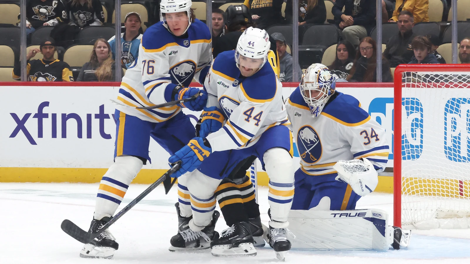 File photo: Buffalo Sabres defenceman Dennis Gilbert clears the puck in front of his net against the Pittsburgh Penguins.